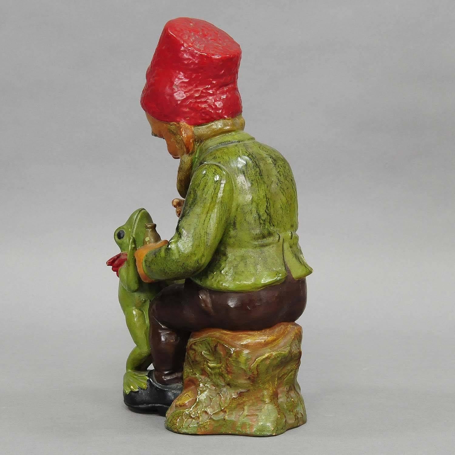 German Very Rare Terracotta Doctor Garden Gnome with Frog