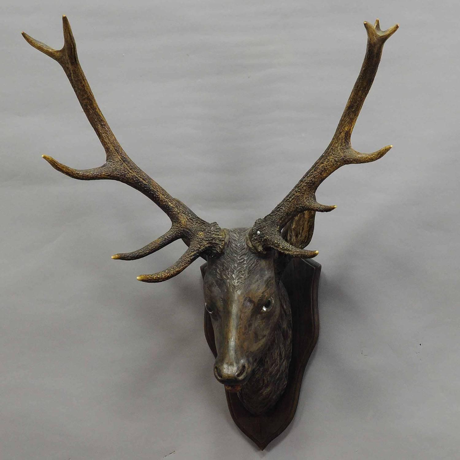 An antique wooden carved Black Forest stag head with real antlers. Carved and painted in naturalistic style, mounted on a wooden plaque, with glass eyes, Germany, circa 1900.