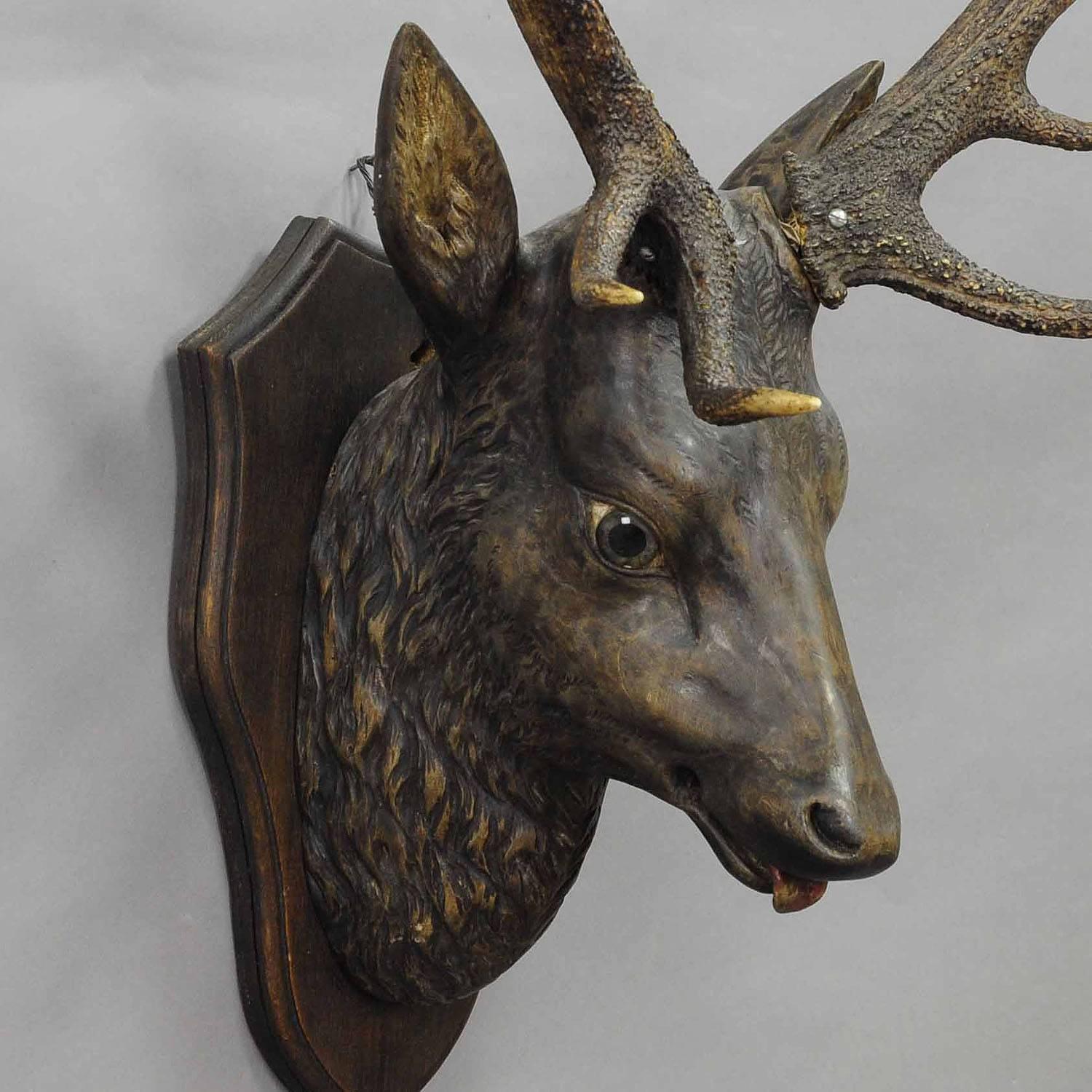 Rustic Antique Wooden Carved Stag Head with Real Antlers