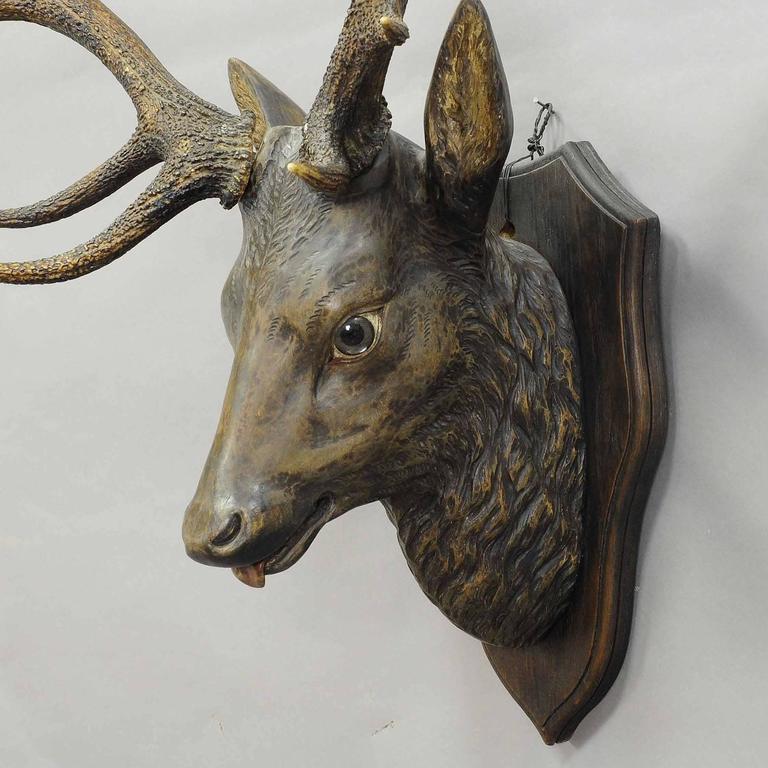 Antique Wooden Carved Stag Head with Real Antlers at 1stDibs