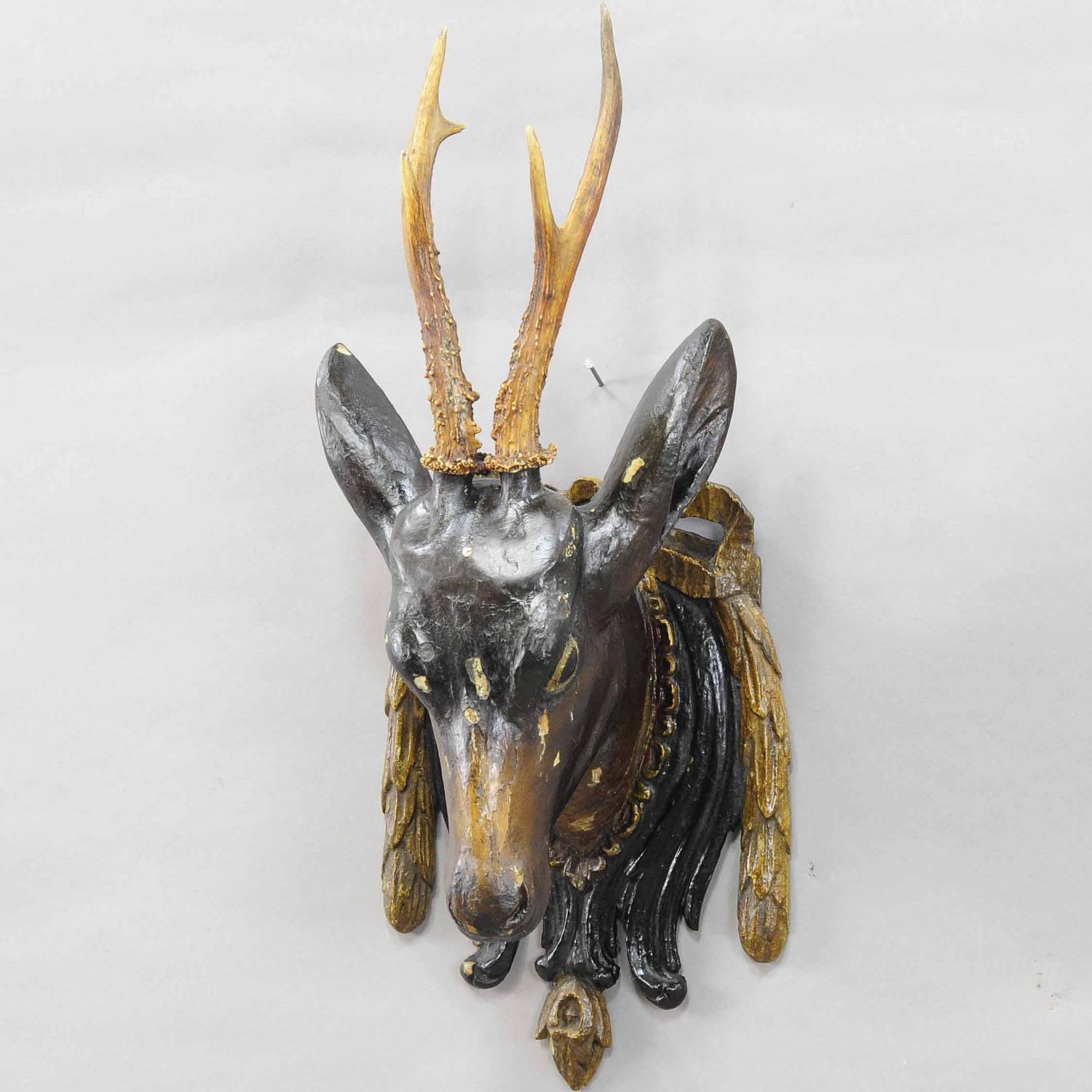 Rustic Carved Black Forest Wooden Baroque Roe Deer Head, circa 1850