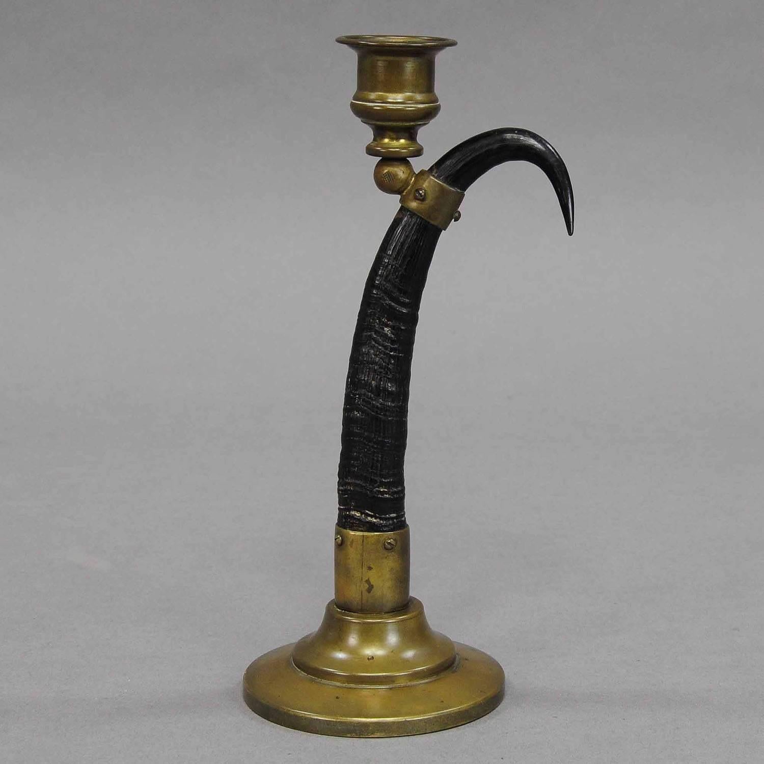 German Pair of Black Forest Candlesticks with Real Chamois Horns, 19th Century