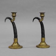 Pair of Black Forest Candlesticks with Real Chamois Horns, 19th Century