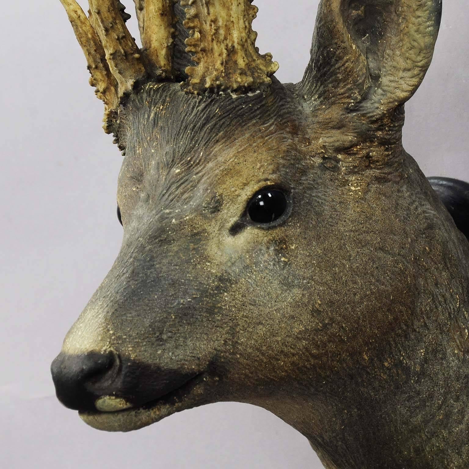 A great Black Forest deer head hand-painted plaster with original abnormal deer antlers and glasses eyes. Remaining from the stately home of palace salem in south Germany, circa 1900.