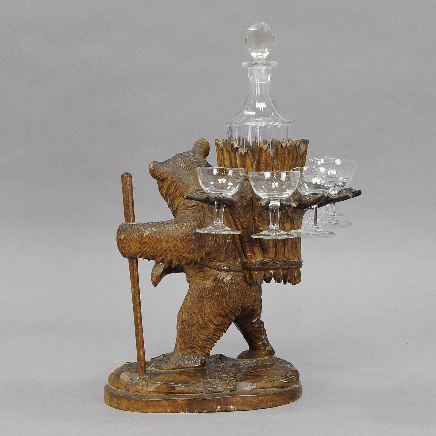 Black Forest Wooden Carved Bear Decanter Stand Swiss Brienz, 1900