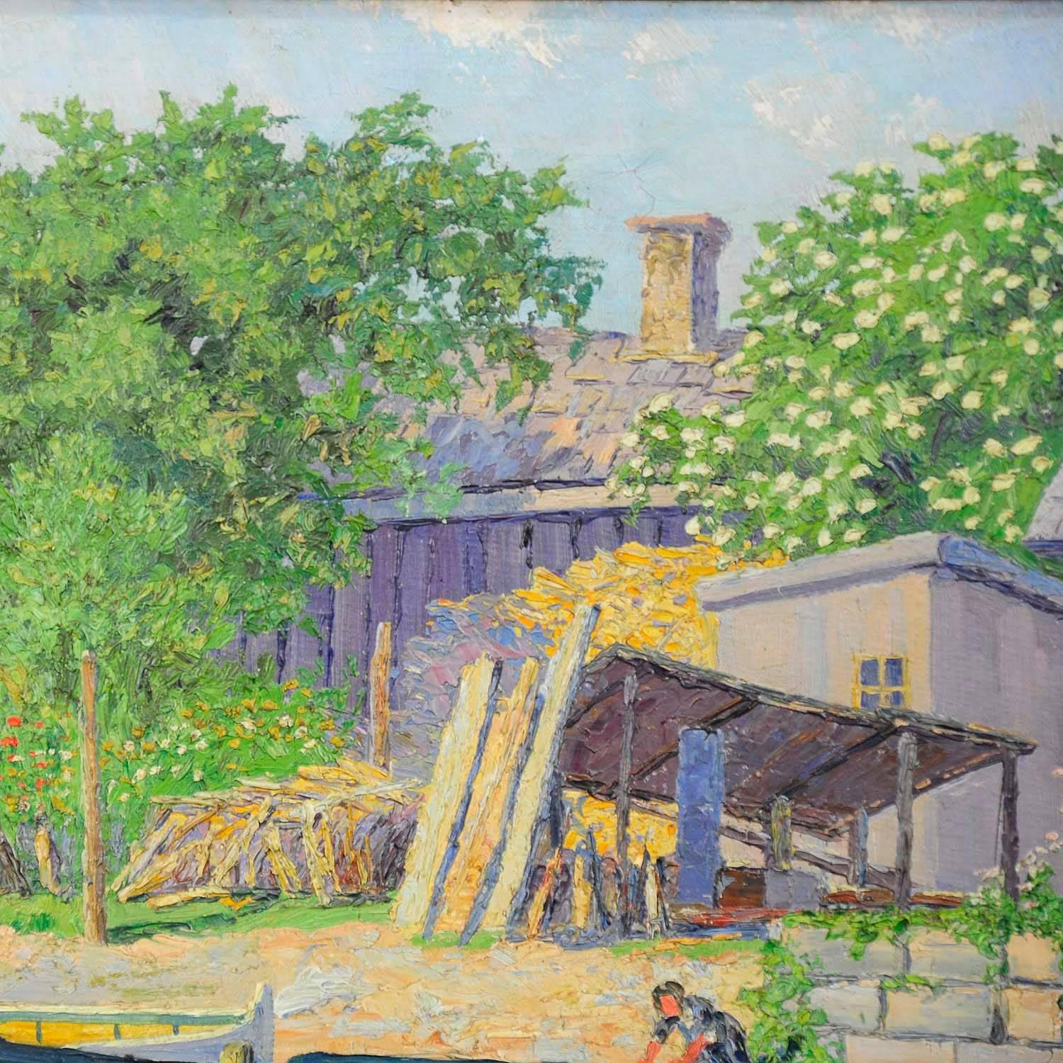 Ein farbiges:: impressionistisches Ölgemälde:: das den Hafen der Fraueninsel am Chiemsee im bayerischen Voralpenland darstellt. Ölgemälde auf Leinwand mit kräftigen Pastellfarben. Gemalt von Hugo Wilhelm Pfahlmer (1885 - 1955). Gerahmt mit antikem