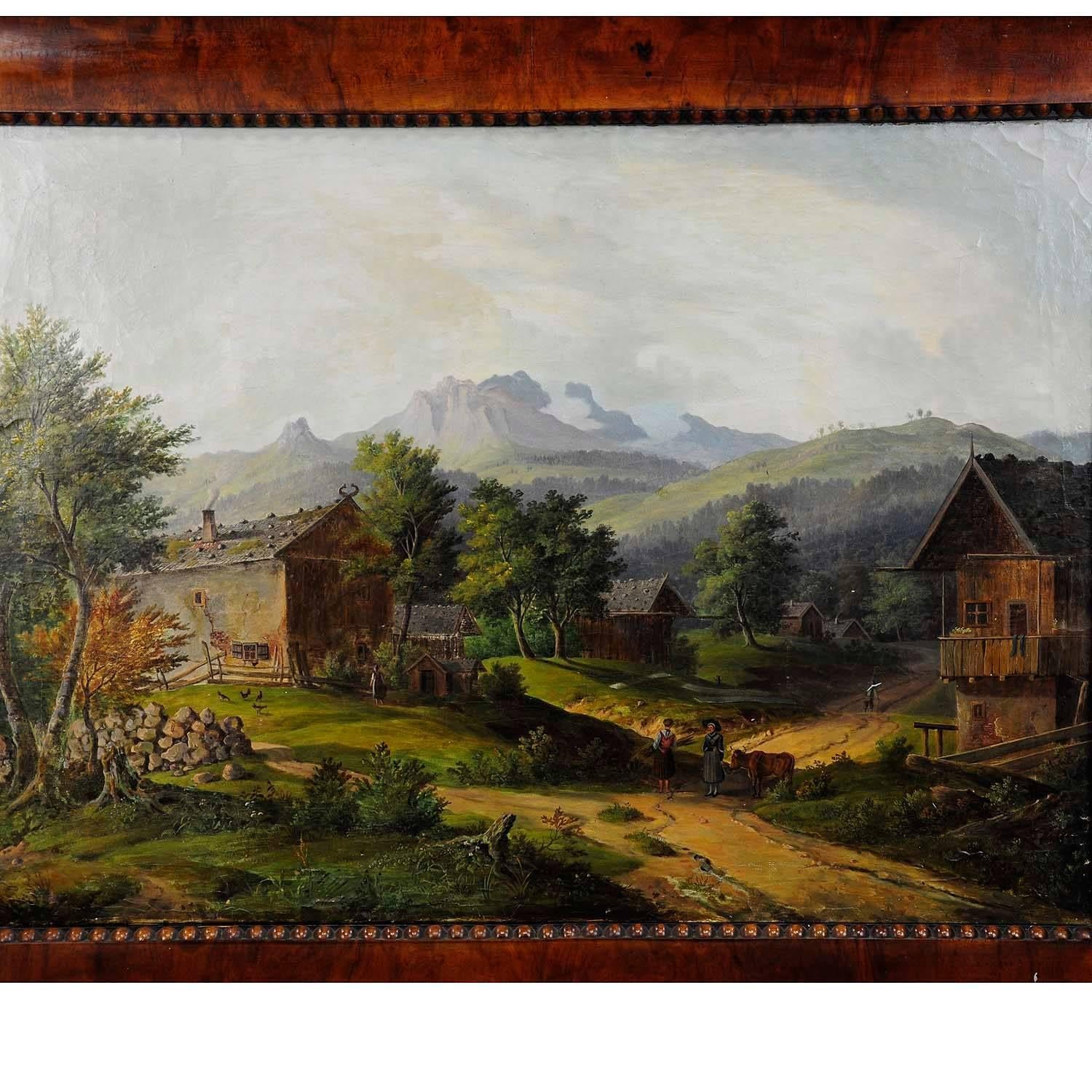 A village landscape painting depicting mountains in the back with a 19th century black forest village showing the village live in front. Oil on canvas laminated with new canvas. Framed with antique decorative nutwood frame. Unsigned, painted in the
