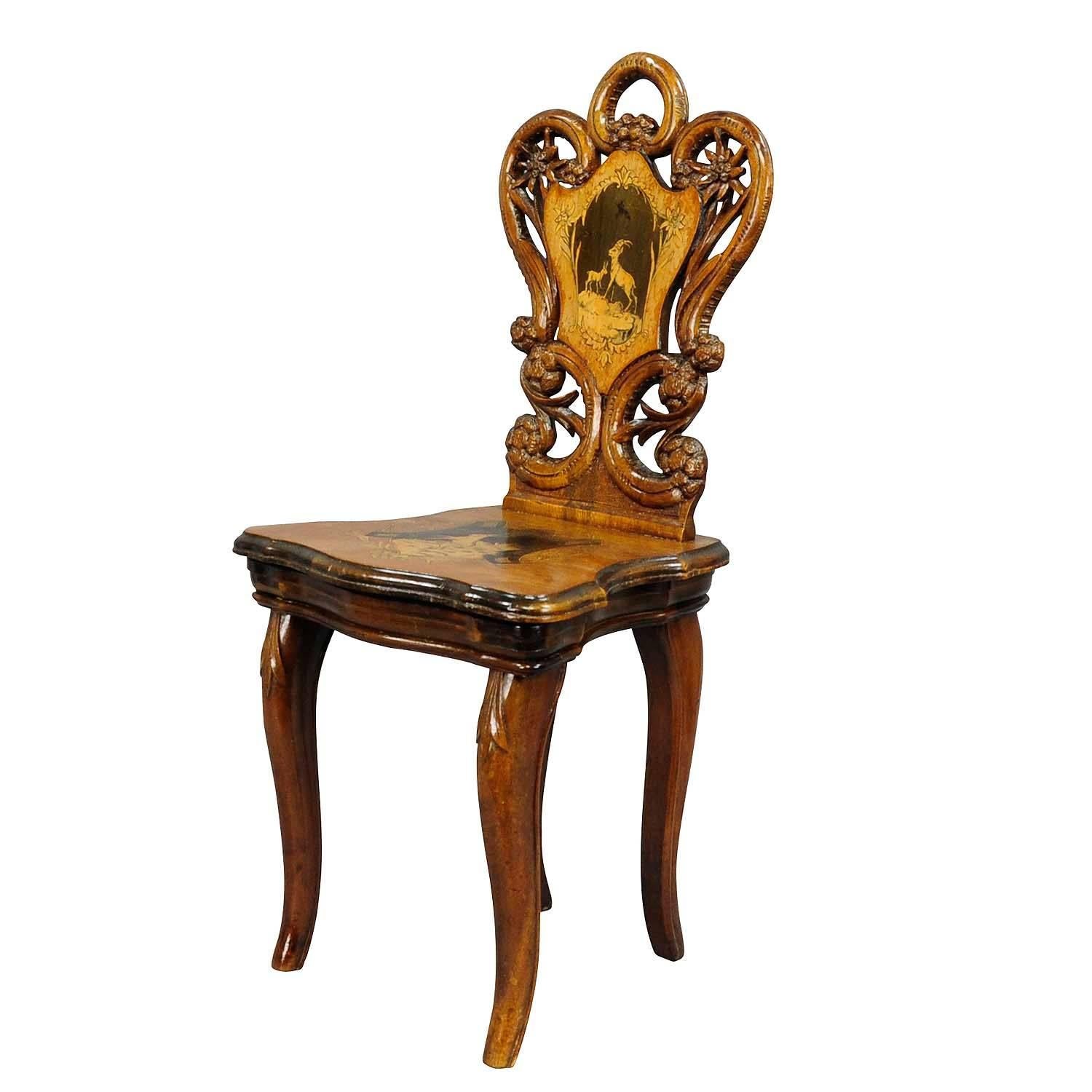 Carved and Inlaid Walnut Children Chair with Musical Work, Swiss, 1900