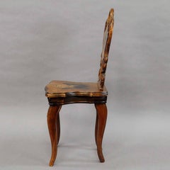 Carved and Inlaid Walnut Children Chair with Musical Work, Swiss, 1900