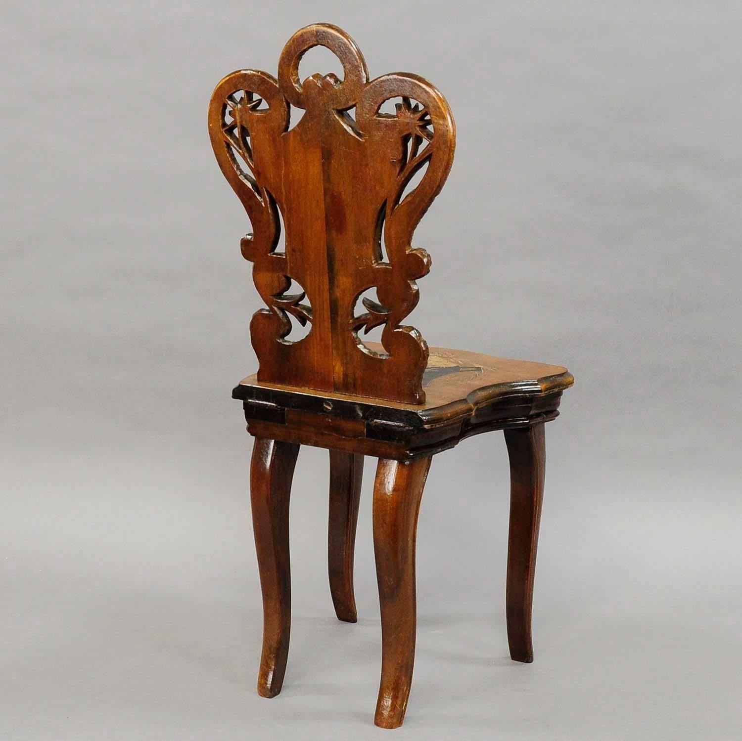 Black Forest Carved and Inlaid Walnut Children Chair with Musical Work, Swiss, 1900