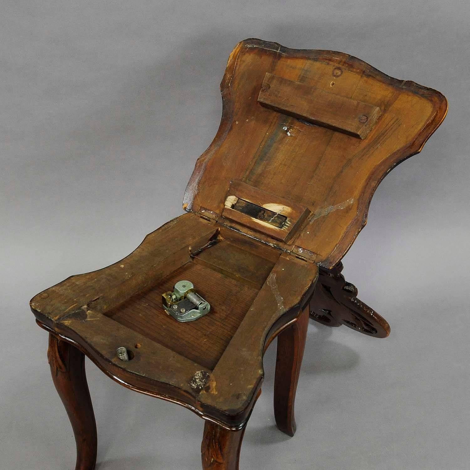 Nutwood Carved and Inlaid Walnut Children Chair with Musical Work, Swiss, 1900