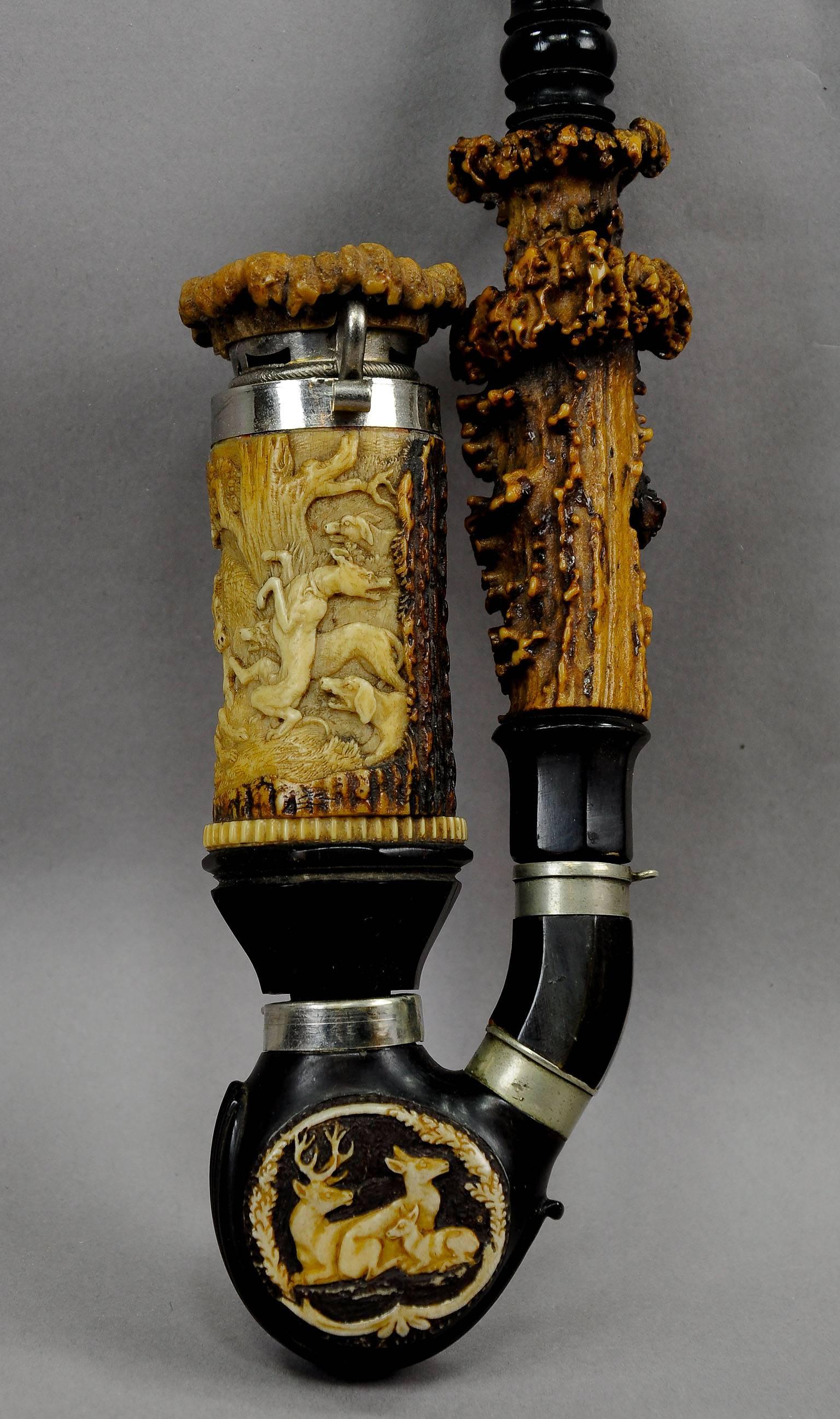 Carved Horn Hunter's Pipe Attributed to Lebrecht Schulz 1