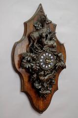 Black Forest Wooden Carved Wall Clock with Deer and Staghound