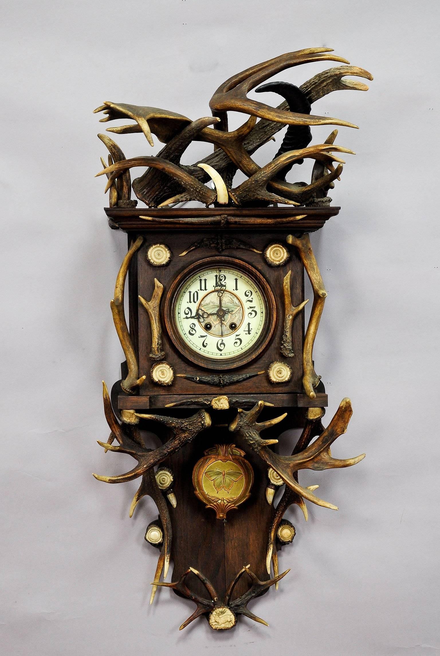 German Antique Black Forest Antler Clock Regulator, 1900