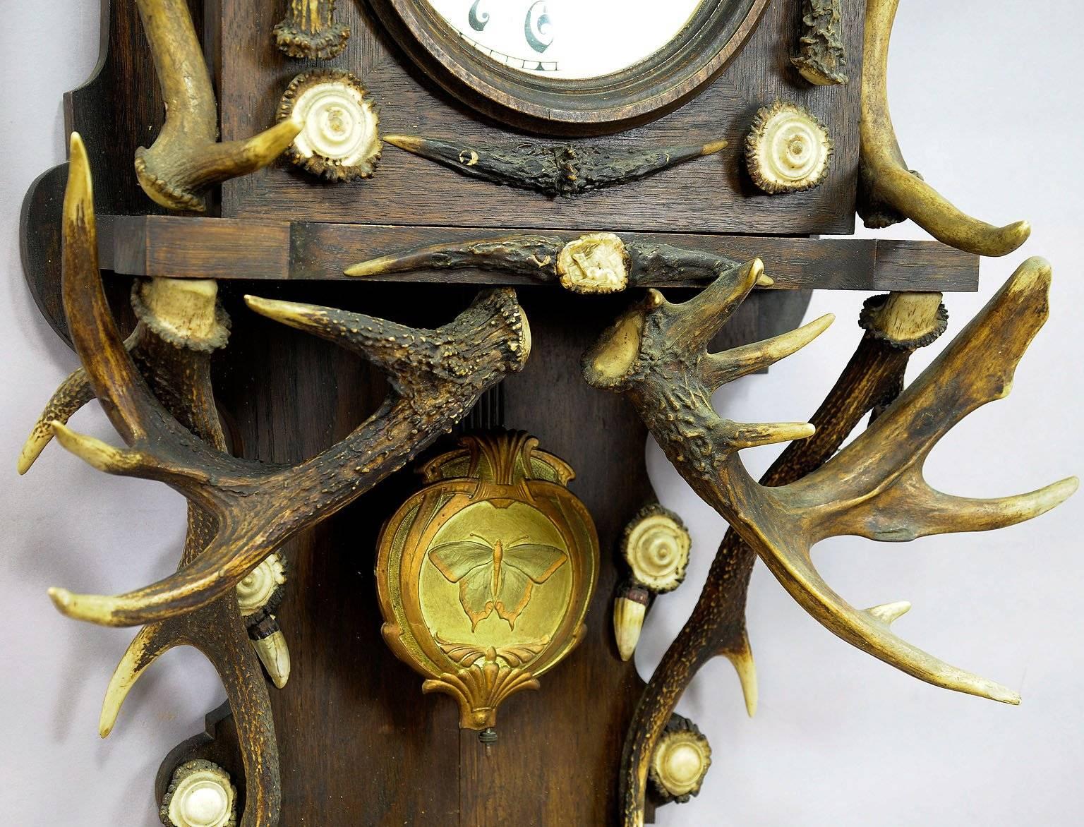Wood Antique Black Forest Antler Clock Regulator, 1900