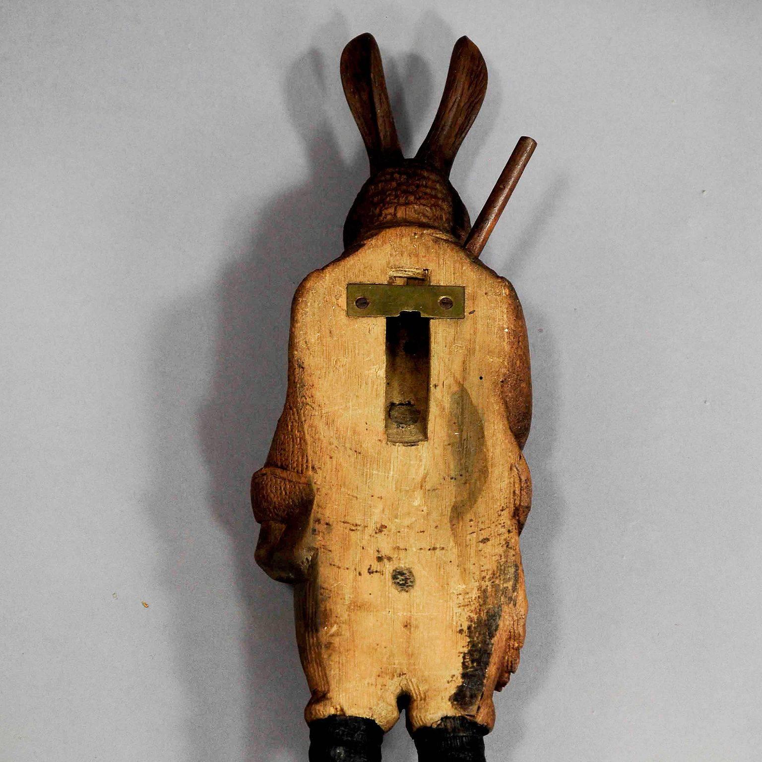 Swiss Black Forest Carved Wood Hunter Hare Coat Hook, Brienz