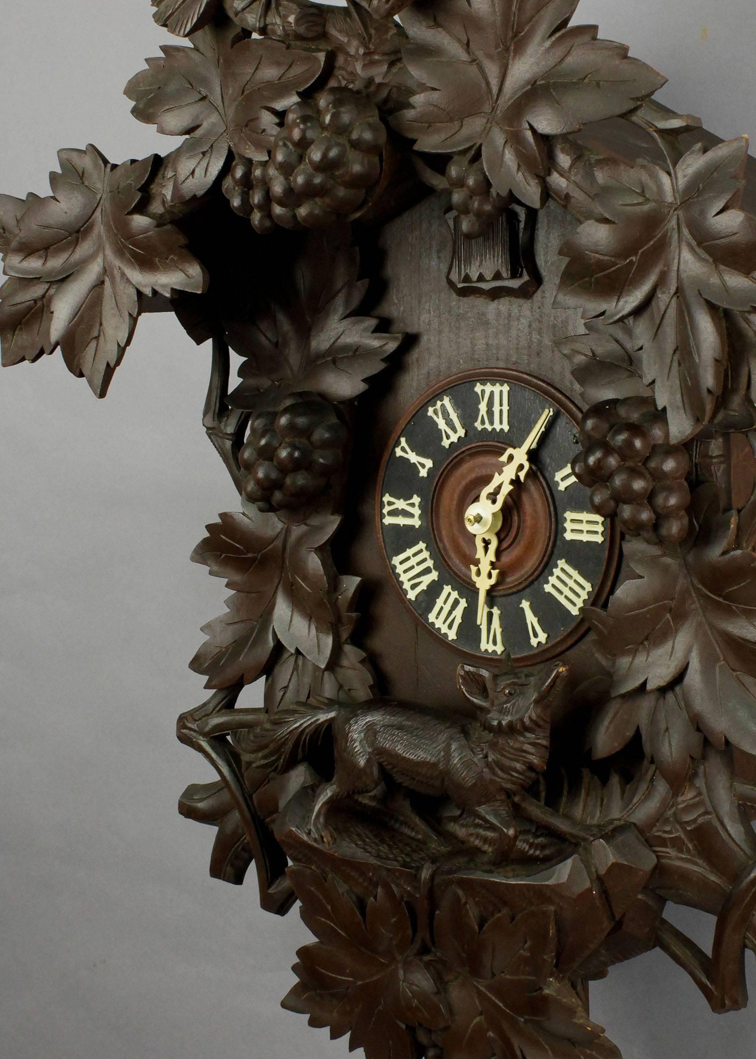 German Antique Black Forest Carved Wood Cuckoo Clock