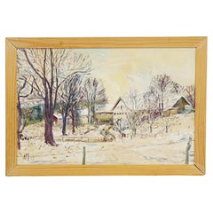 Peinture à l'huile d'Alexander Michael représentant une cour de ferme en hiver