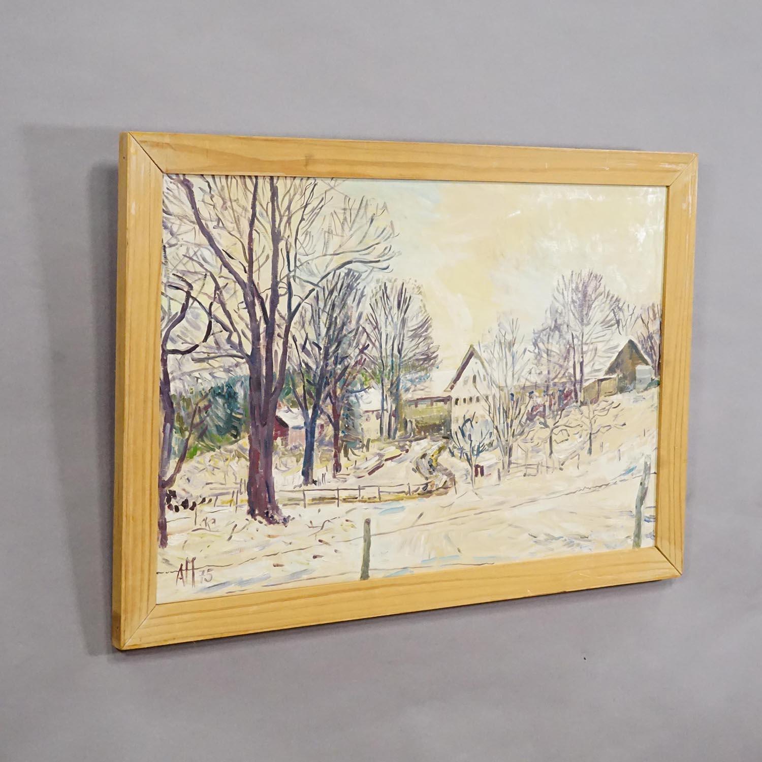Alexander Michael Ölgemälde eines winterlichen Bauernhofs

Ein gerahmtes Ölgemälde, das einen winterlichen Bauernhof in Bayern zeigt. Das ausdrucksstarke Kunstwerk ist mit Öl auf Leinwand im impressionistischen Stil gemalt, mit schnellen, sichtbaren