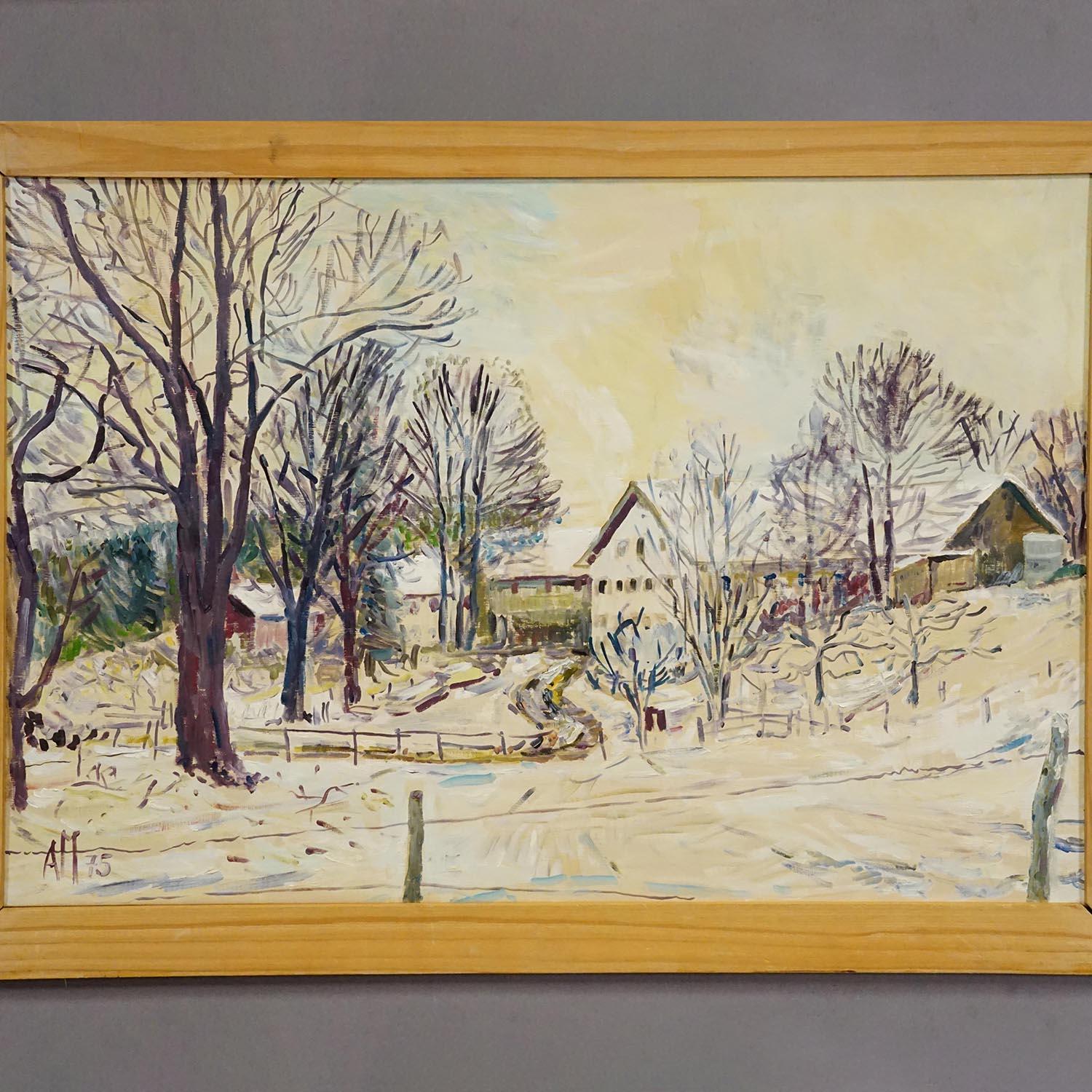 Alexander Michael Ölgemälde eines winterlichen Bauernhofs (Sonstiges) im Angebot