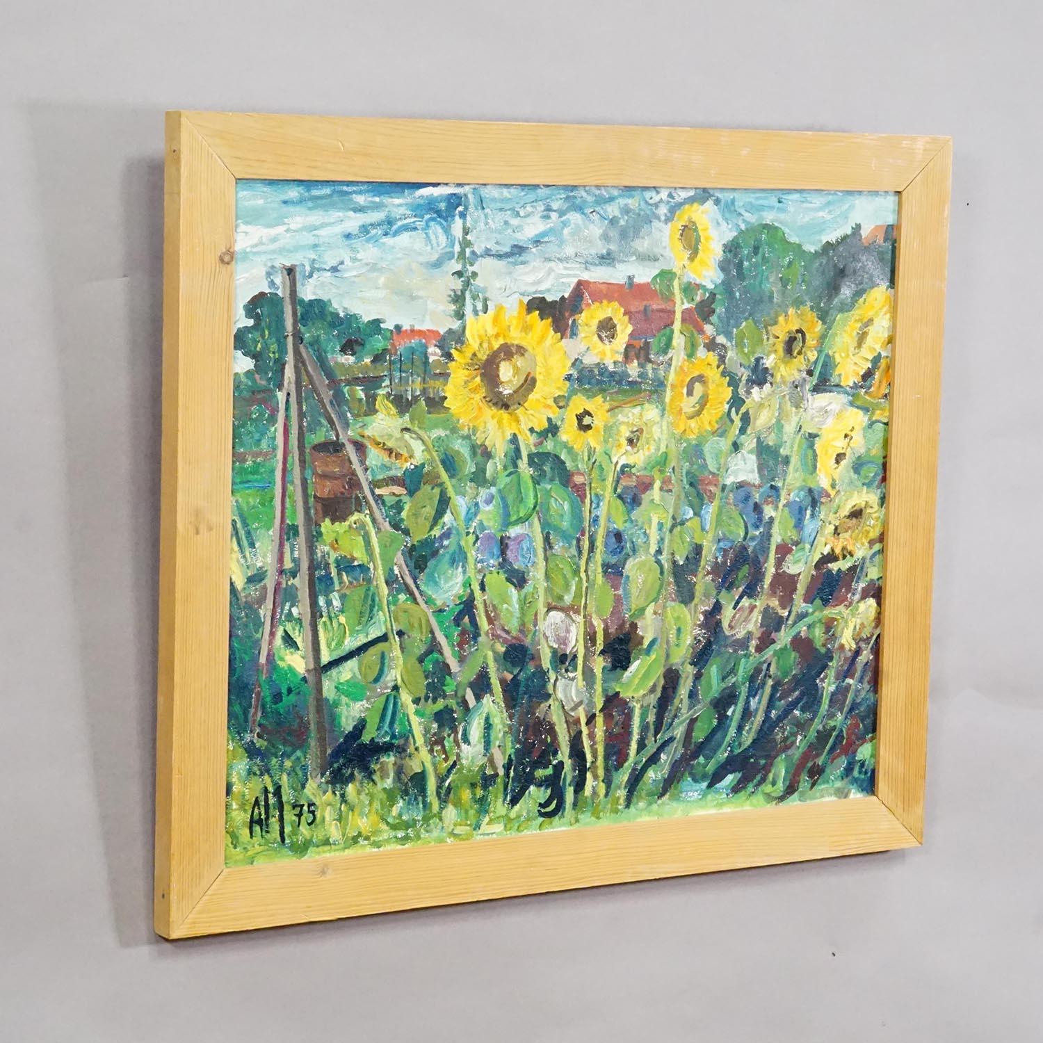 Alexander Michael Ölgemälde eines lebhaften Sonnenblumenfeldes 1975

Ein gerahmtes Ölgemälde auf Holz, das ein lebhaftes, blühendes Sonnenblumenfeld mit einer rustikalen, ländlichen Kulisse aus Bäumen, Gartenanlagen und Gebäuden mit roten Dächern