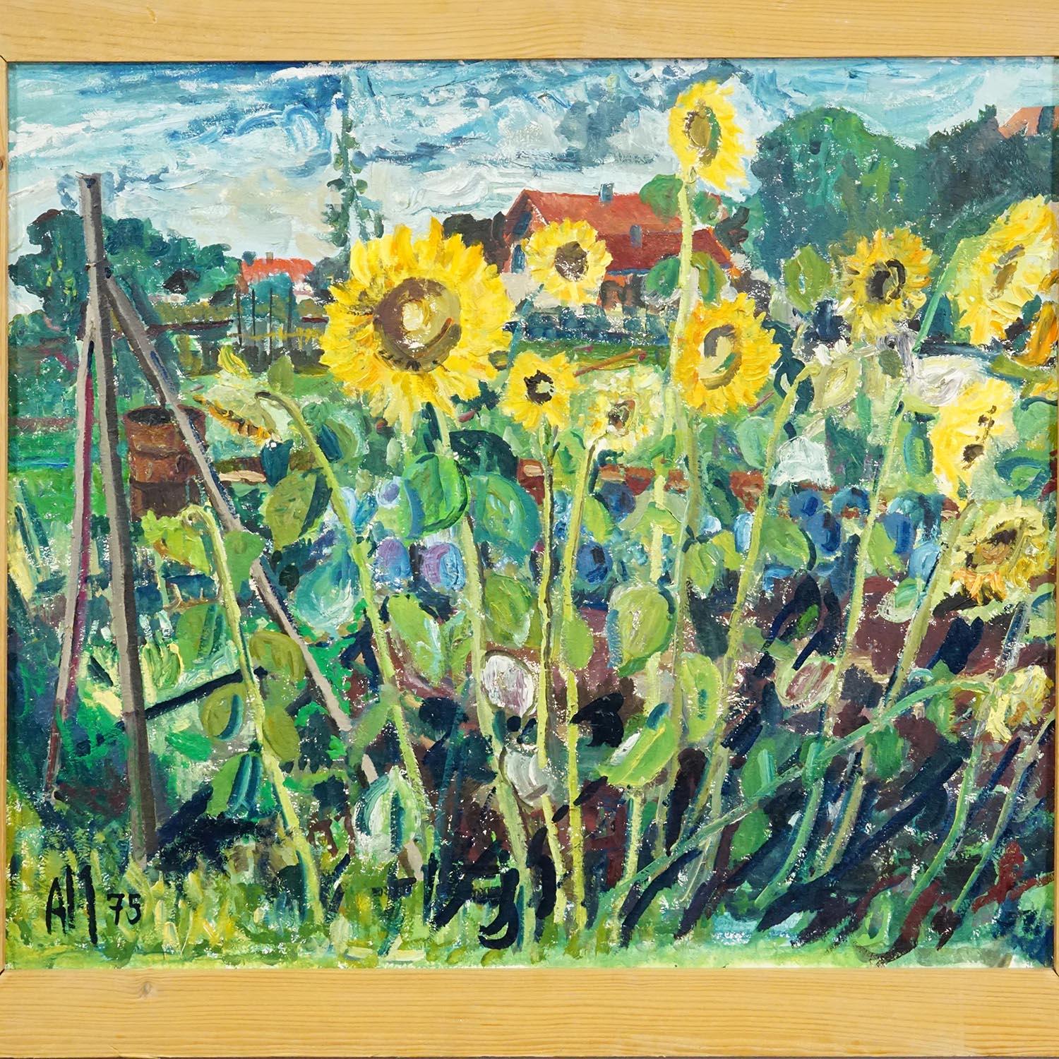 Alexander Michael Ölgemälde eines lebhaften Sonnenblumenfeldes 1975 (Sonstiges) im Angebot