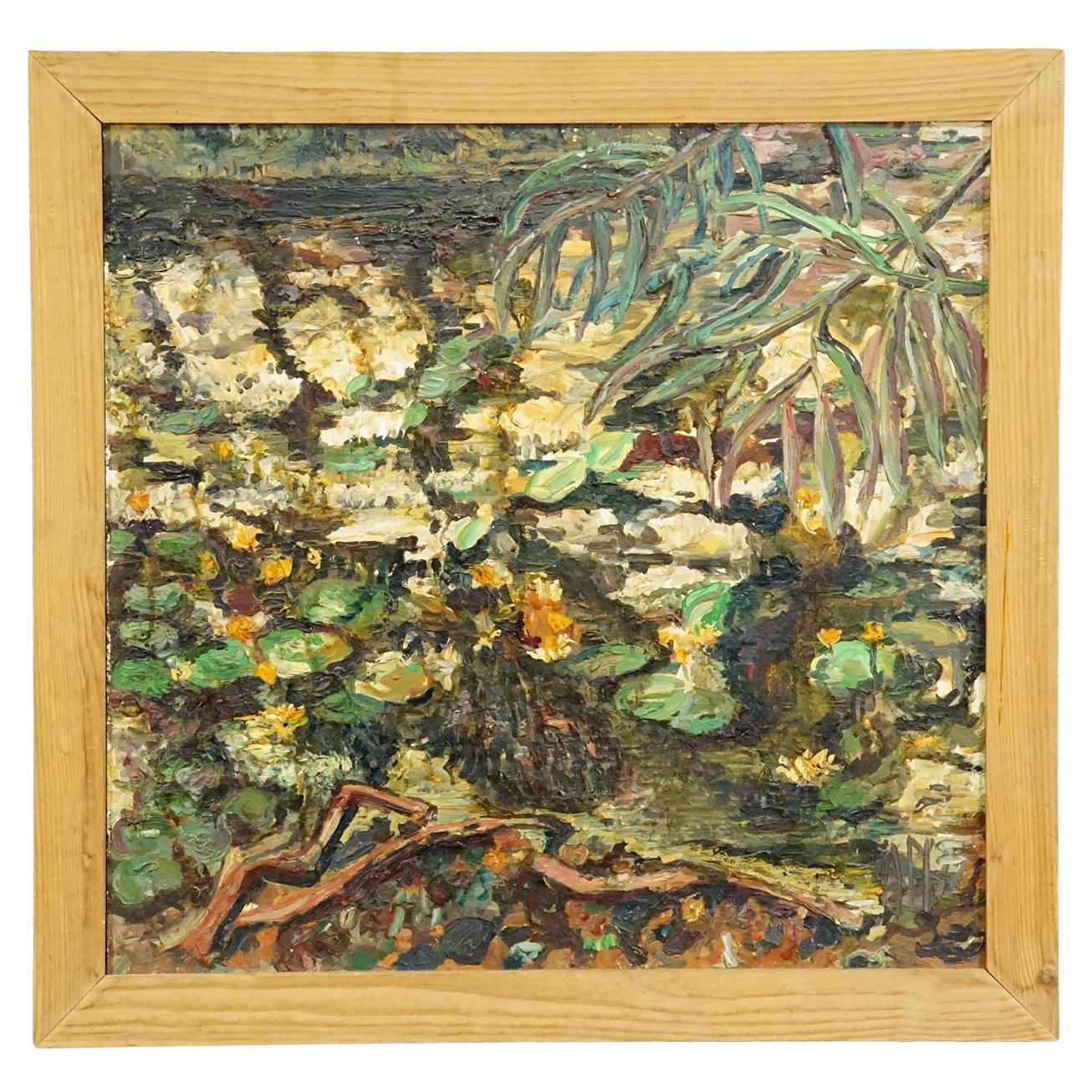Alexander Michael Ölgemälde einer Brücke mit Seerosen 1972 im Angebot