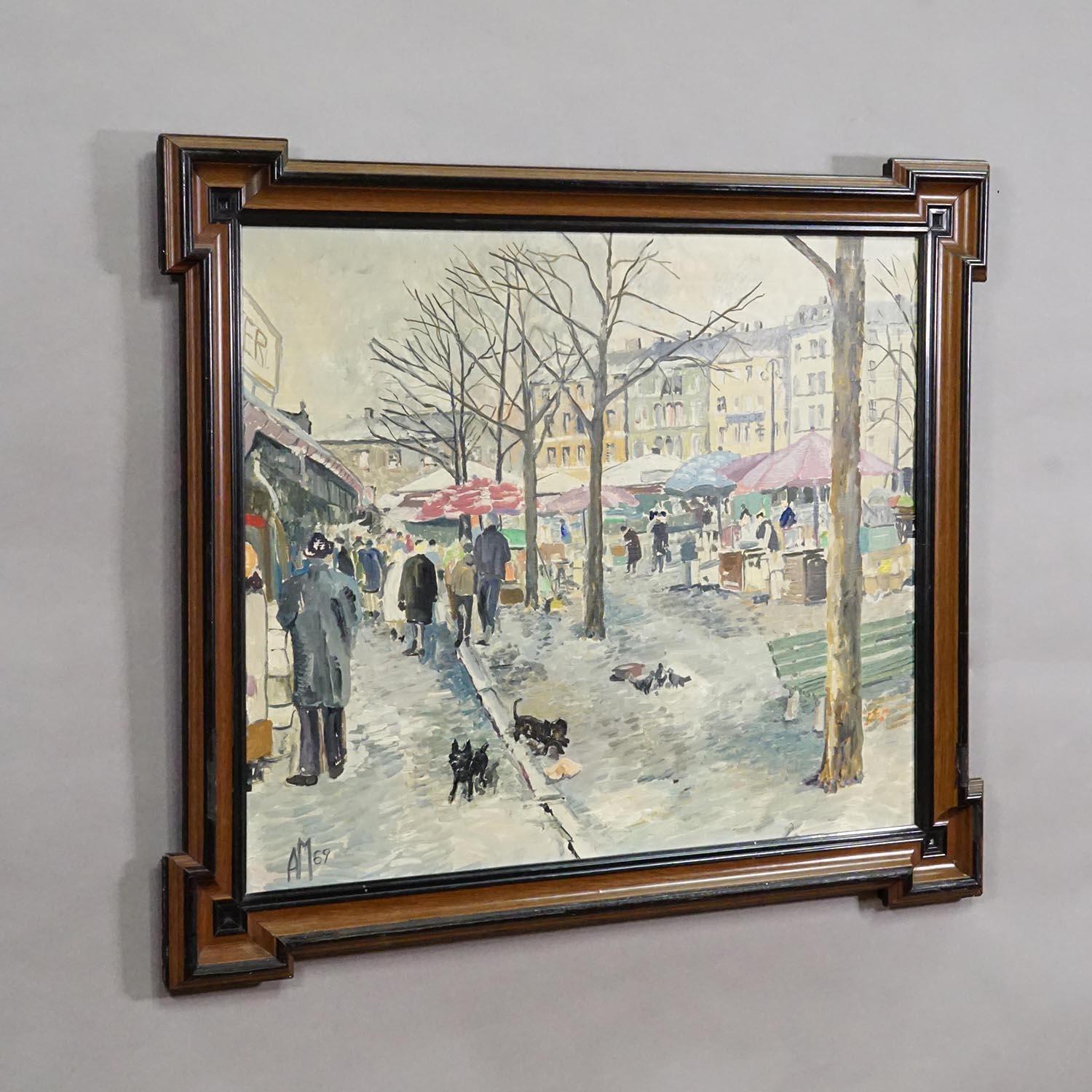 Vintage Ölgemälde des winterlichen Viktualienmarktes in München

Ein großartiges Ölgemälde, das einen Blick auf den winterlichen Viktualienmarkt in München zeigt. Das ausdrucksstarke Kunstwerk ist mit Öl auf Karton im impressionistischen Stil
