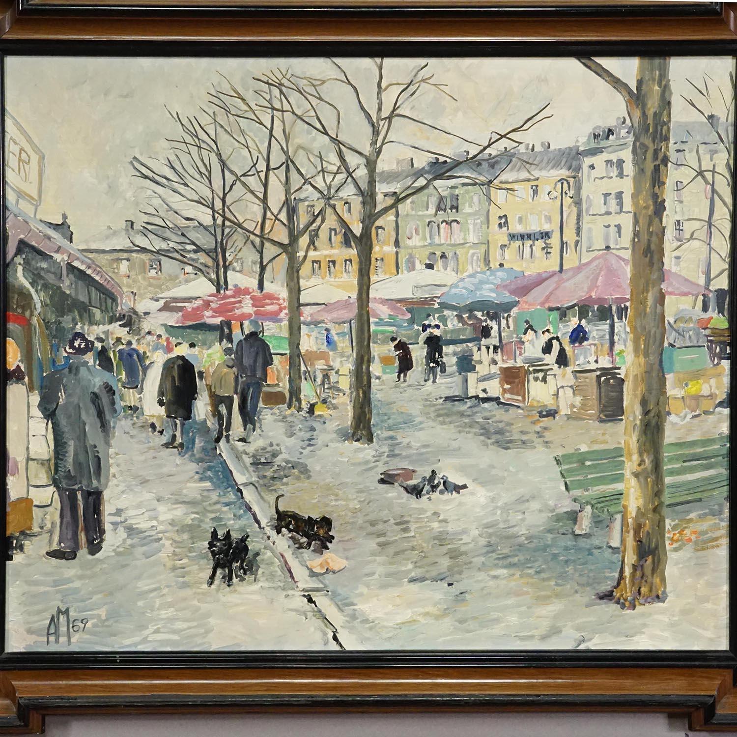 Vintage Ölgemälde des winterlichen Viktualienmarktes in München (Sonstiges) im Angebot