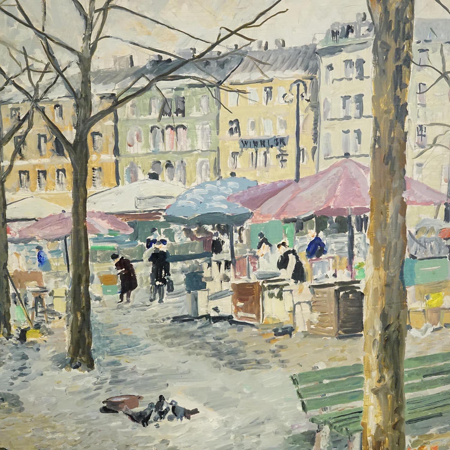 Vintage Ölgemälde des winterlichen Viktualienmarktes in München (Deutsch) im Angebot