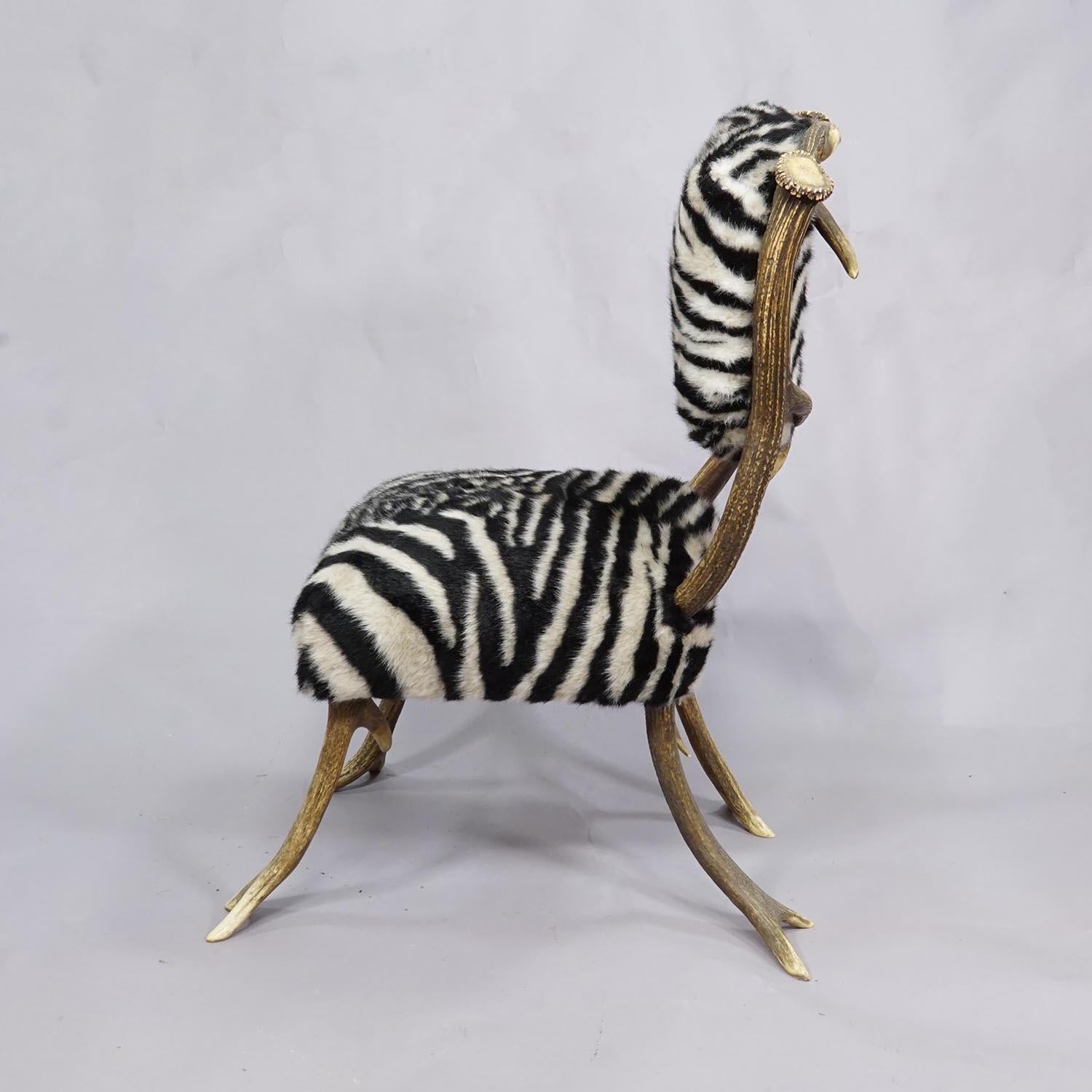 Black Forest Geweihsessel mit Fellbezug 19. Jahrhundert

Seltener antiker Schwarzwälder Geweihstuhl mit echtem Hirschgeweih als Beine und Rückenlehnen, gepolstert mit künstlichem Zebrafell. Hergestellt in Österreich um 1880. Der Stuhl ist in