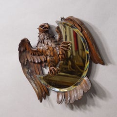Antique Hand-Carved Wooden Eagle Mirror with Crescent Glass