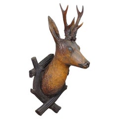 Large Naturalistic Black Forest Carved Deer Head, ca. 1930s
