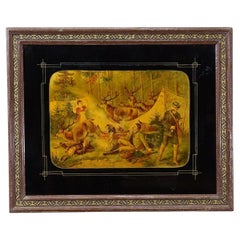 Antique Oil Print with Hunting Party Overrun by Deer 19th