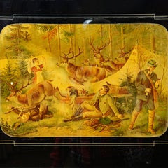 Antique Oil Print with Hunting Party Overrun by Deer 19th