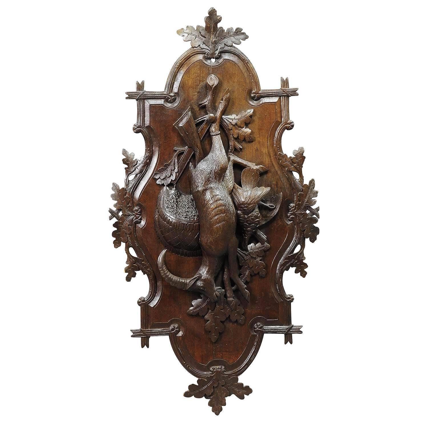 Wooden Carved Black Forest Game Plaque with Ibex and Pheasant