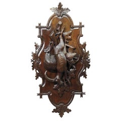 Antique Wooden Carved Black Forest Game Plaque with Ibex and Pheasant