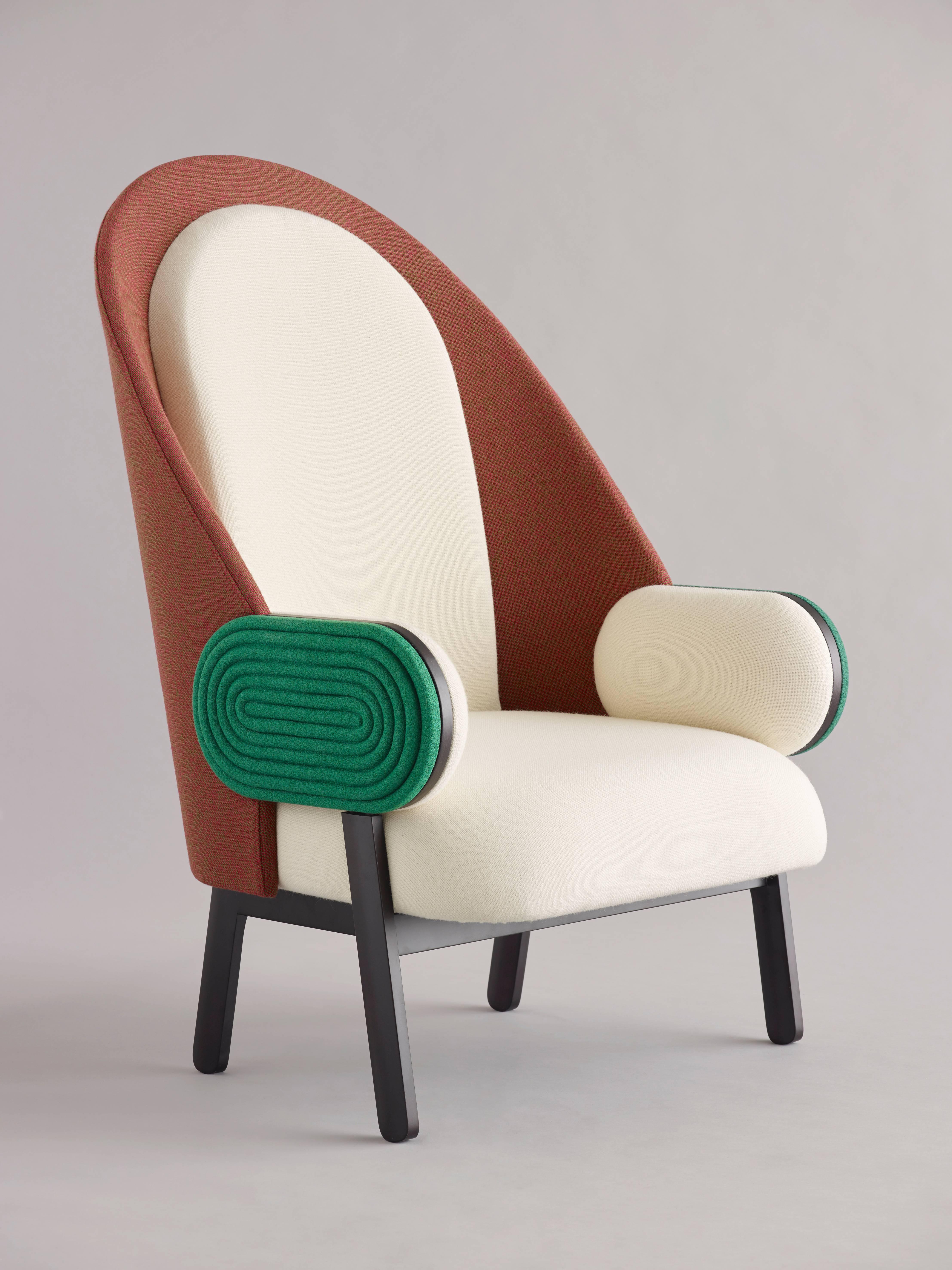 By French Lebanese designer Charles Kalpakian, 'MOON' is a contemporary armchair with a vintage twist in Kvadrat upholstery. Its very high back and its unusual width and depth (80 cm both) make it particularly welcoming and comfortable. This