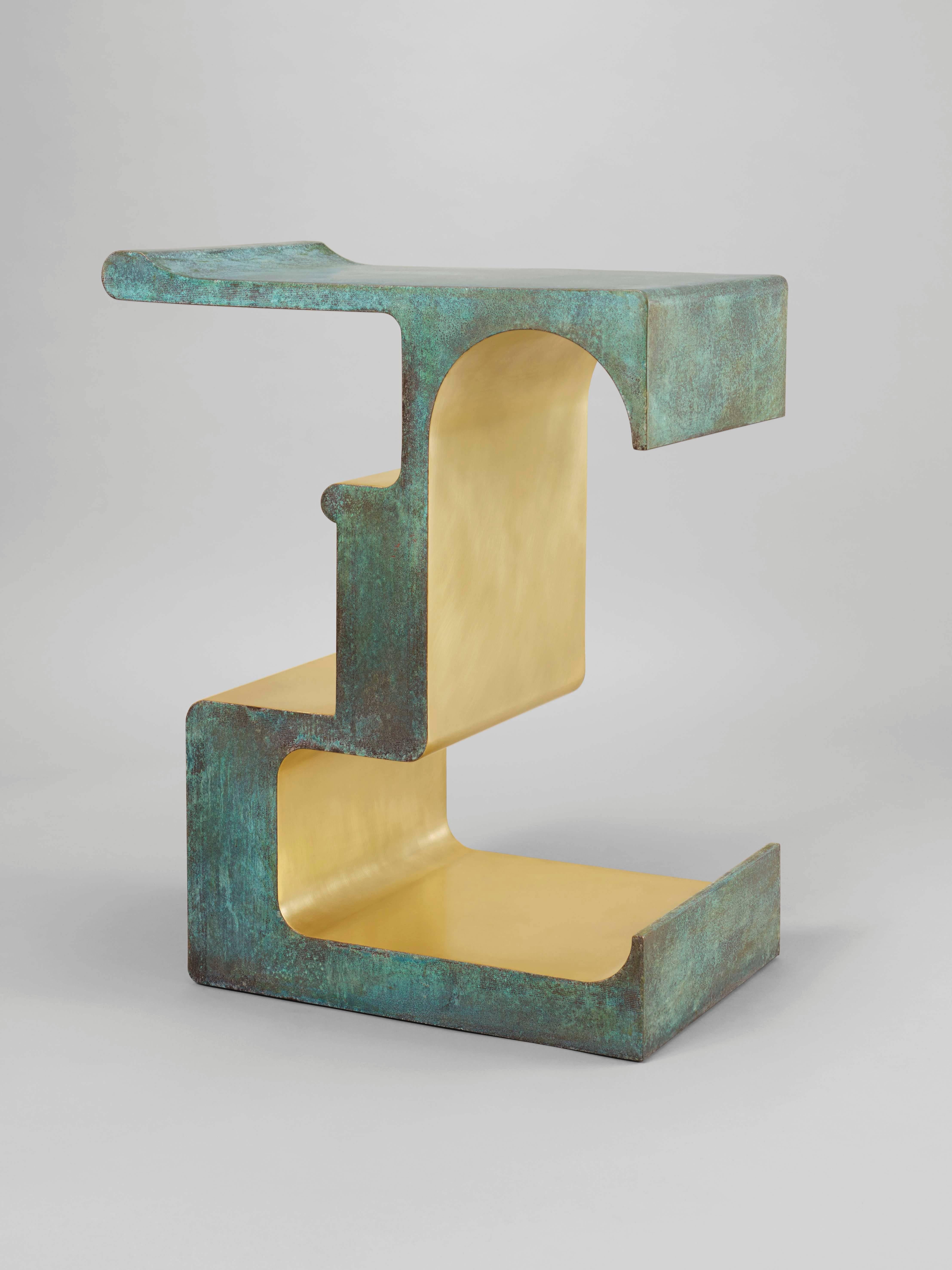 'XiangSheng I' Side Table #3 combines brushed bronze with a refined champagne color and oxidized bronze with a deep Etruscan green patina. This collectible design is part of the ‘XiangSheng’ furniture collection by much acclaimed duo Studio MVW.