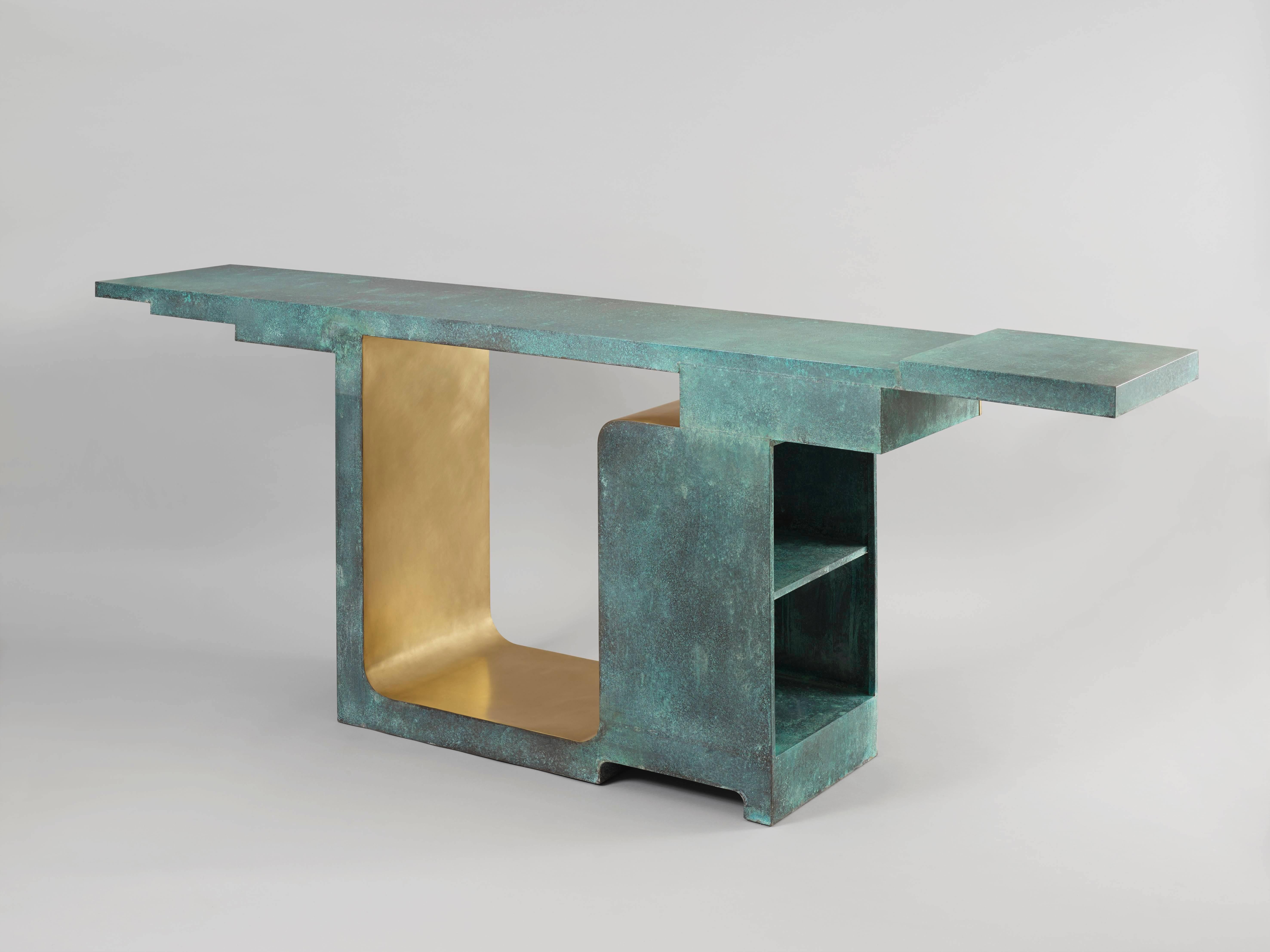 Chinese 'XiangSheng I' Console, Brushed Bronze and Etruscan Green Patina - by Studio MVW For Sale