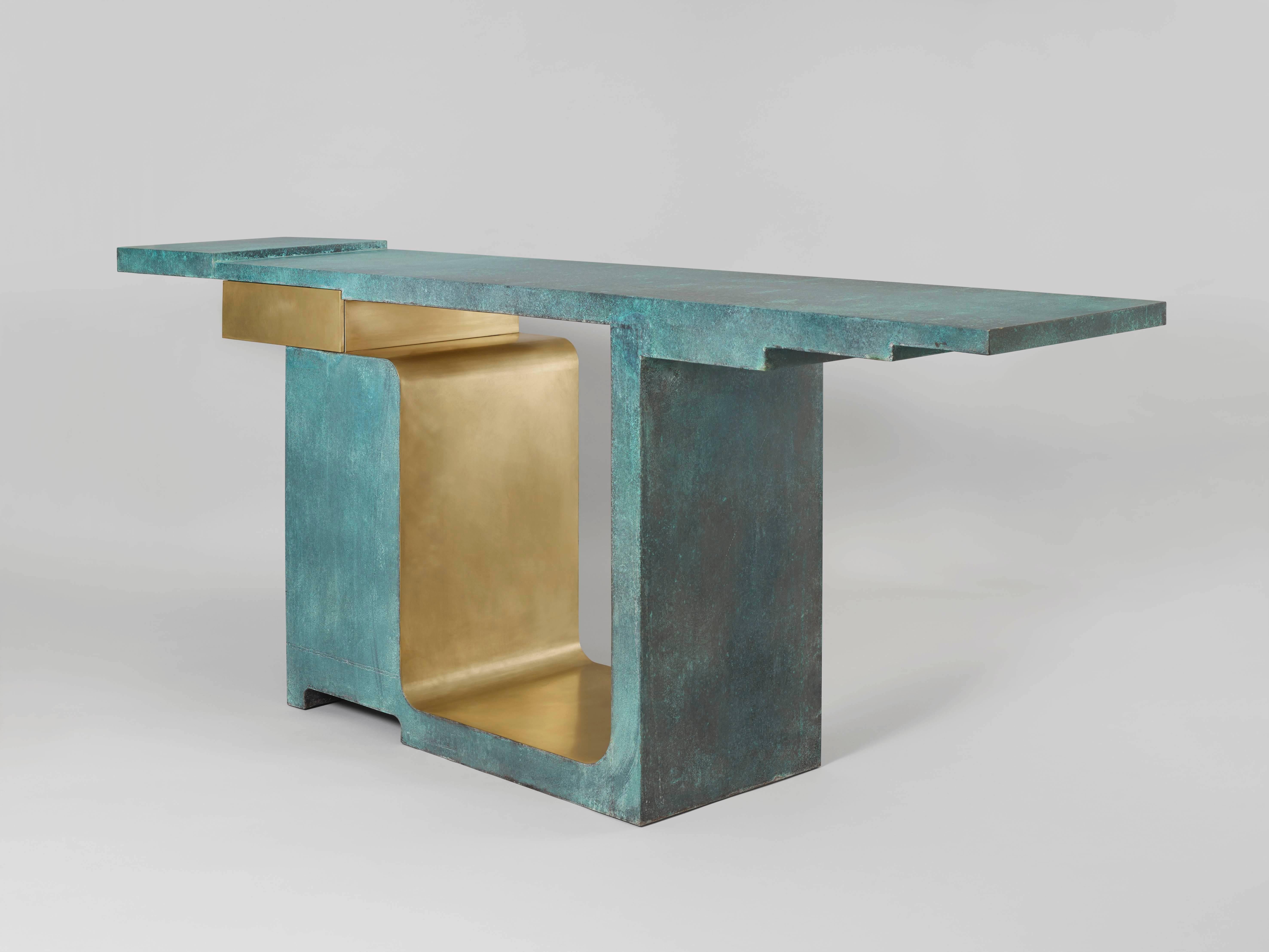 Contemporary 'XiangSheng I' Console, Brushed Bronze and Etruscan Green Patina - by Studio MVW For Sale