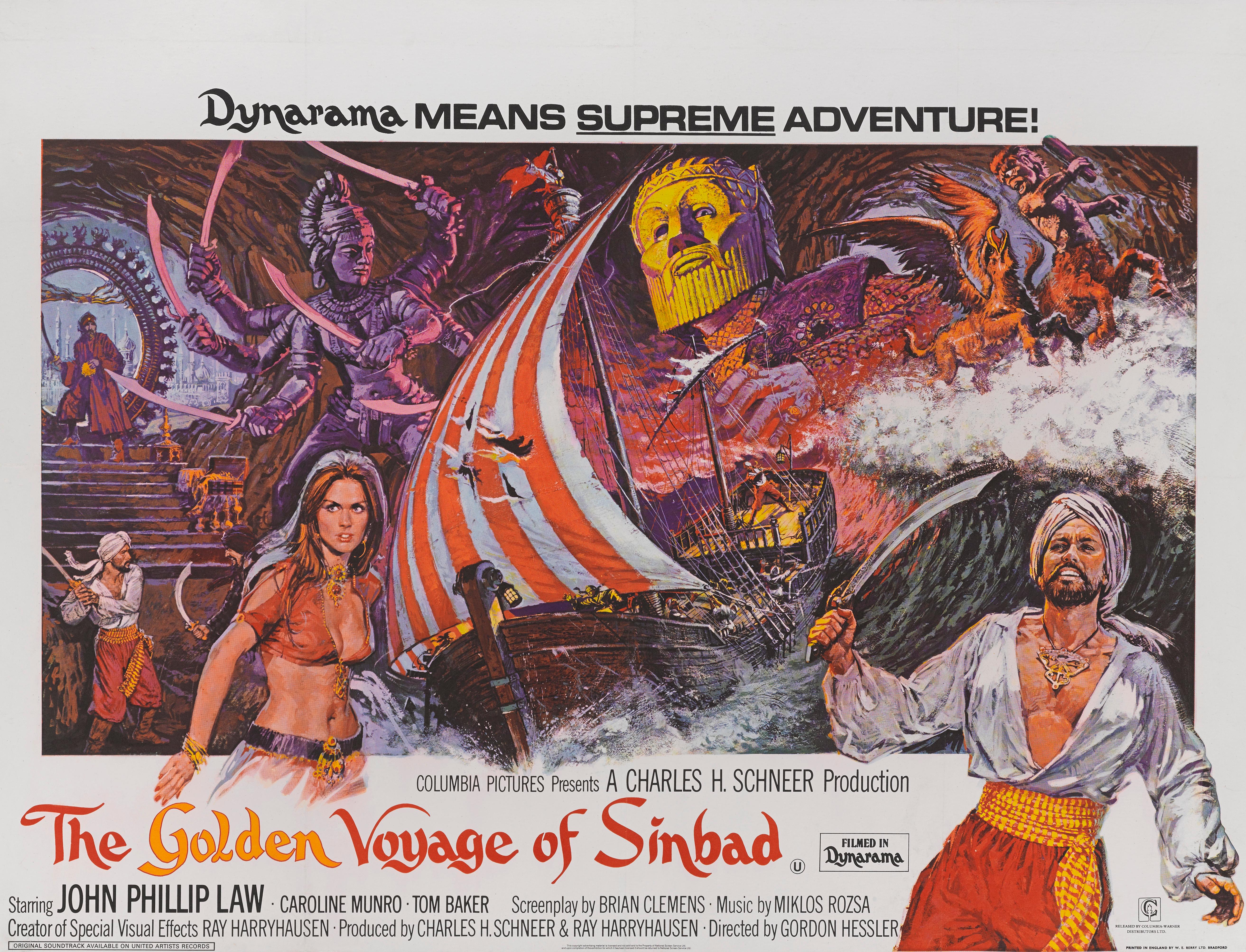 Original British film poster for Gordon Hessler's 1974 film The Golden Voyage of Sinbad.
This fantasy film was directed by Gordon Hessler, and features stop motion effects by Ray Harryhausen, who also co-produced and co-wrote the story.  It is the