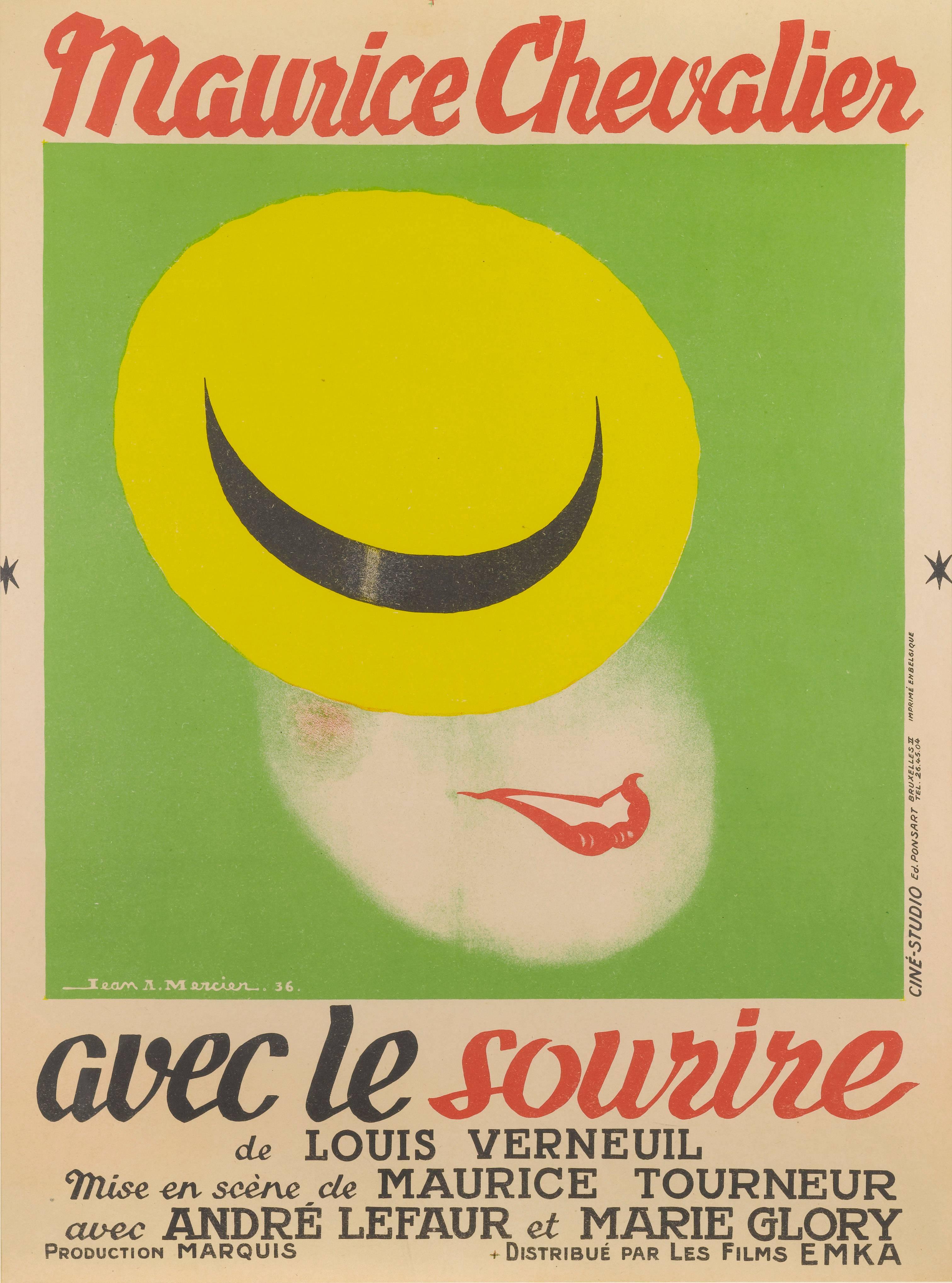 Affiche originale du film français Avec le Sourire / with a smile, 1936
en regardant Maurice Chevalier. Cette magnifique œuvre d'art est l'œuvre de Jean-Adrien Mercier (1899-1995), l'un des affichistes les plus respectés de France.
Le poster est