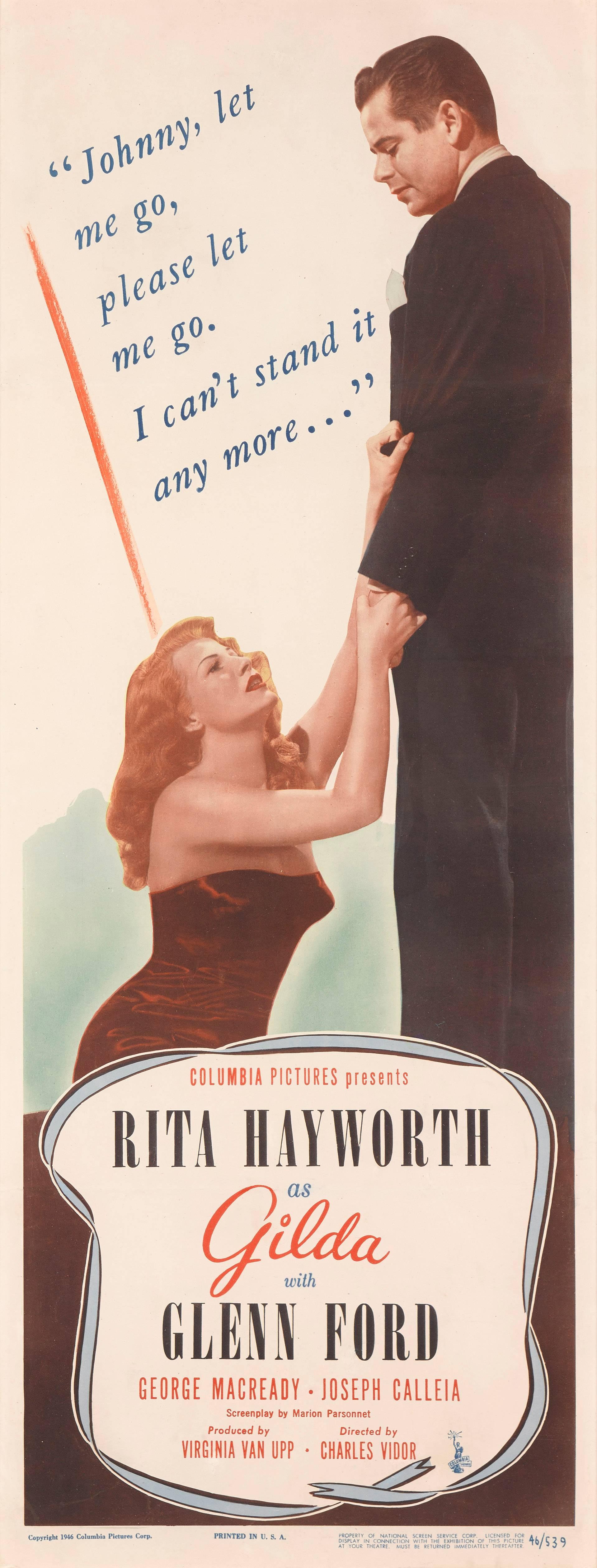 Original US movie poster for the classic 1946 drama starring Rita Hayworth, Glenn Ford and directed by Charles Vidor.
    