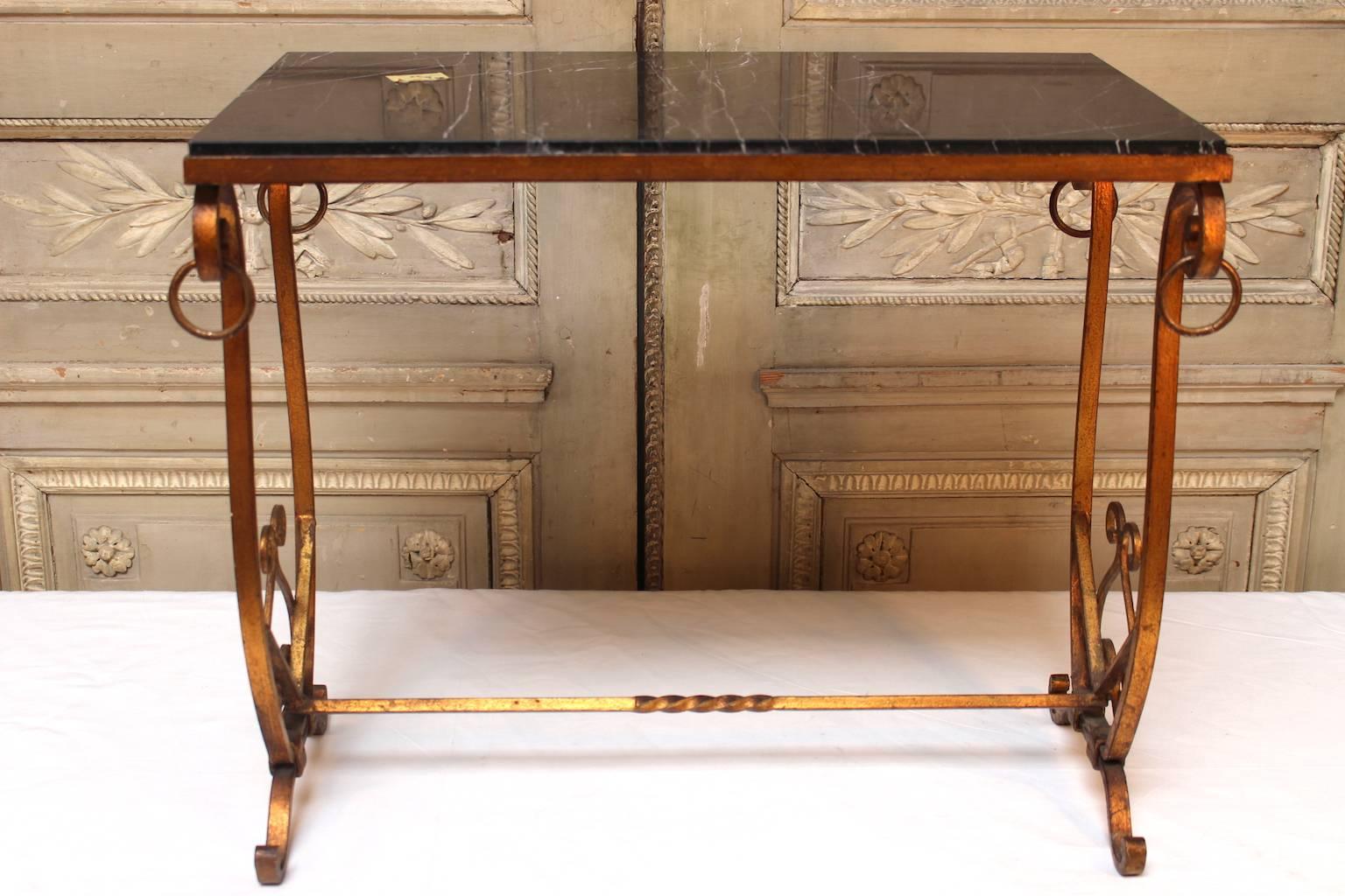 Modern French Gilded Iron Table with Marble Top For Sale