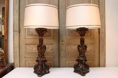 Pair of 18th Century Italian Gold Leaf and Blue Painted Candlesticks