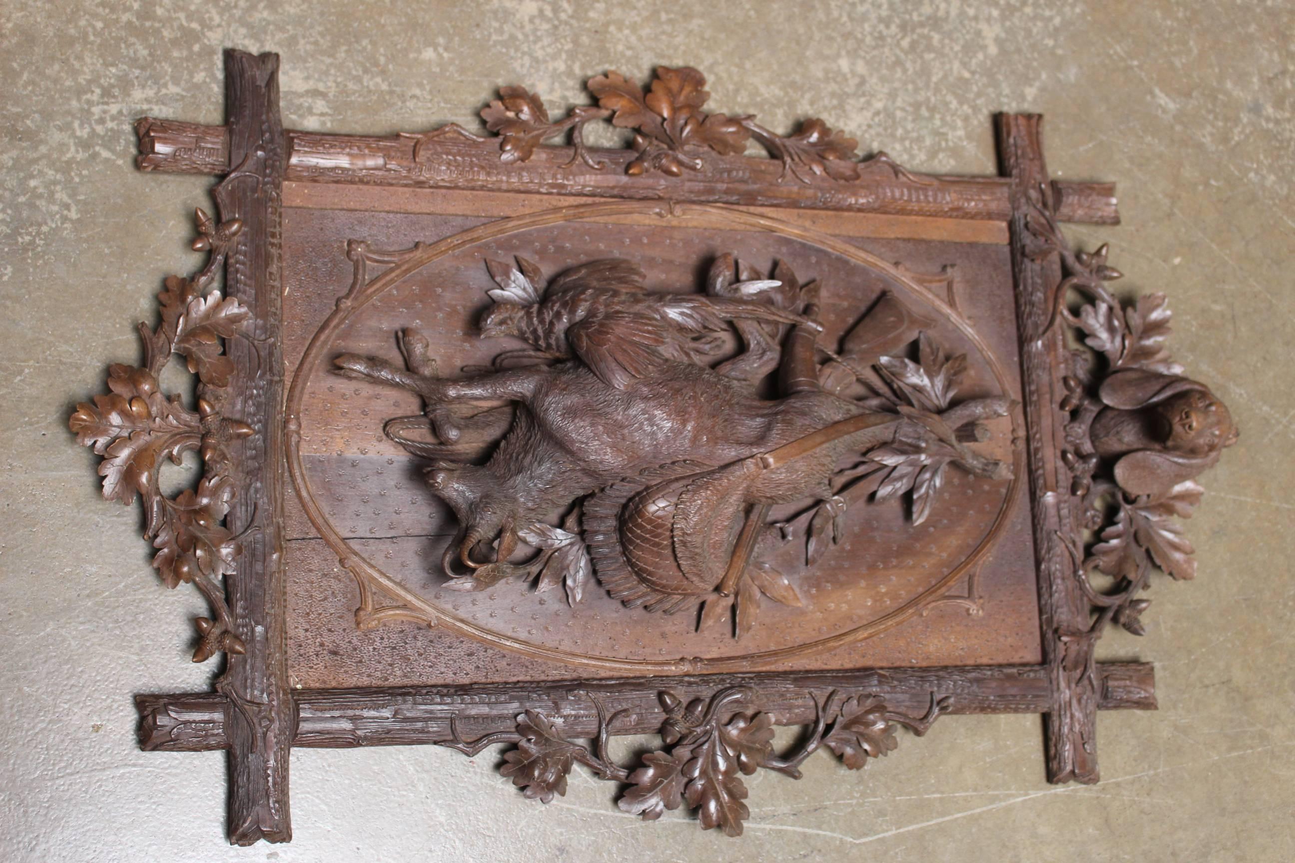 Black Forest 19th Century Pair of Carved Wood Panels with a Hunting Motif