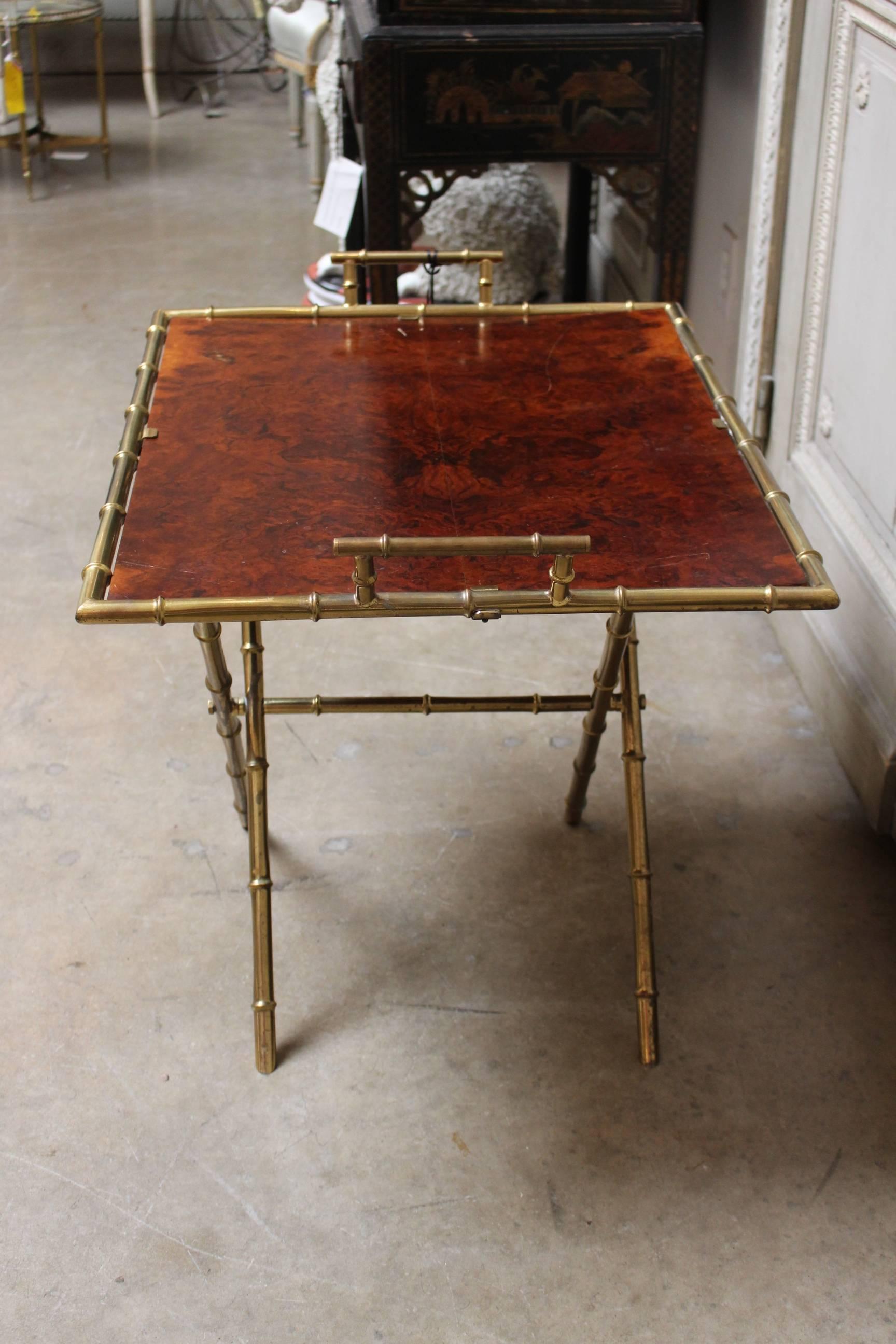 Mid-Century Modern French Brass and Burled Walnut Adjustable Cocktail or Side Table