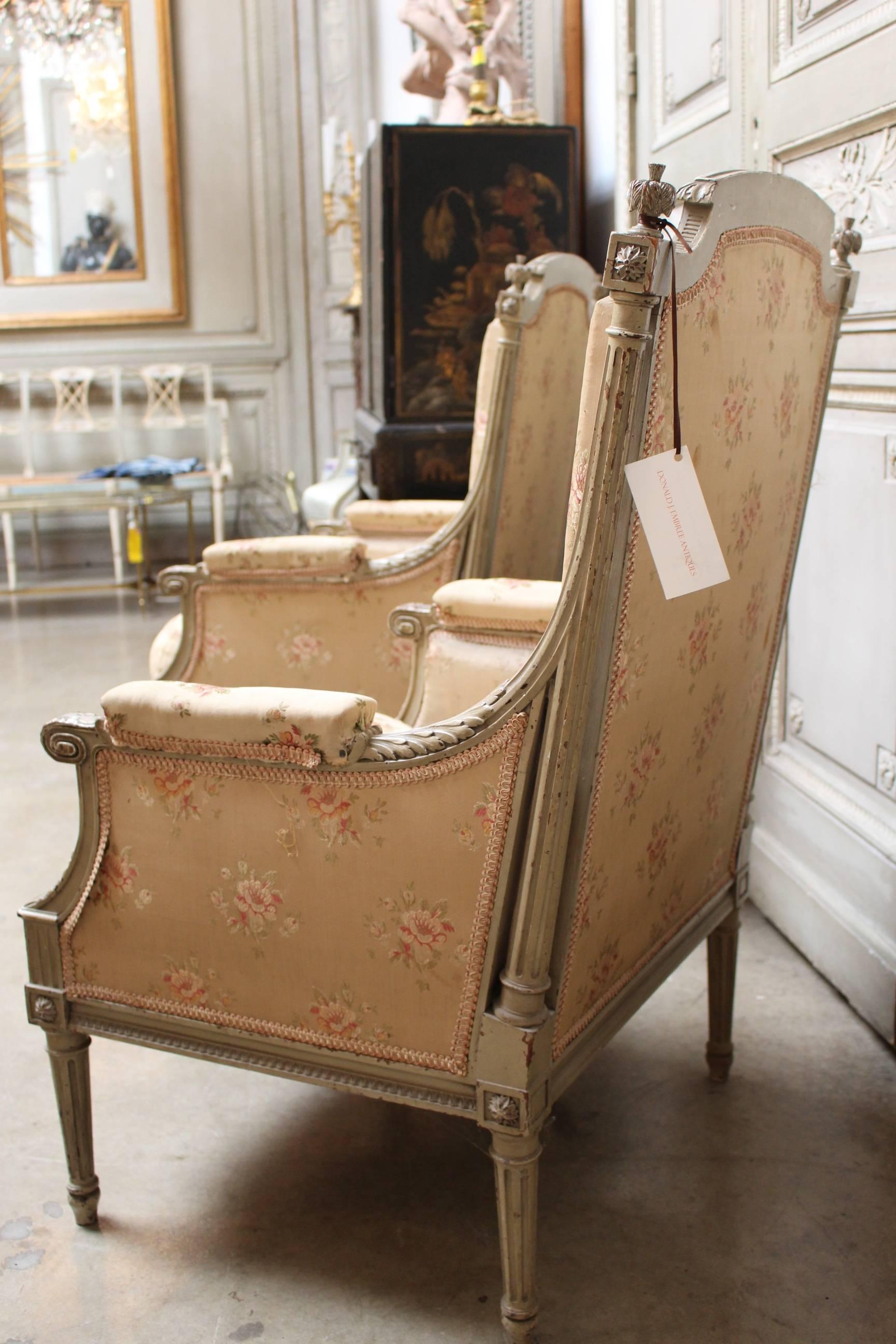 Pair of French Louis XVI Style Bergères with a Painted Finish 2