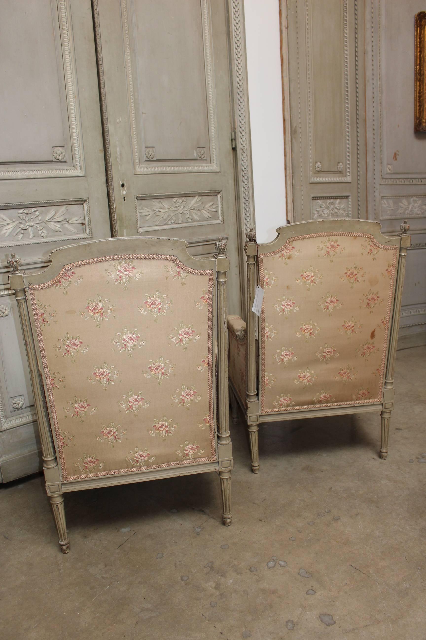 Pair of French Louis XVI Style Bergères with a Painted Finish 3